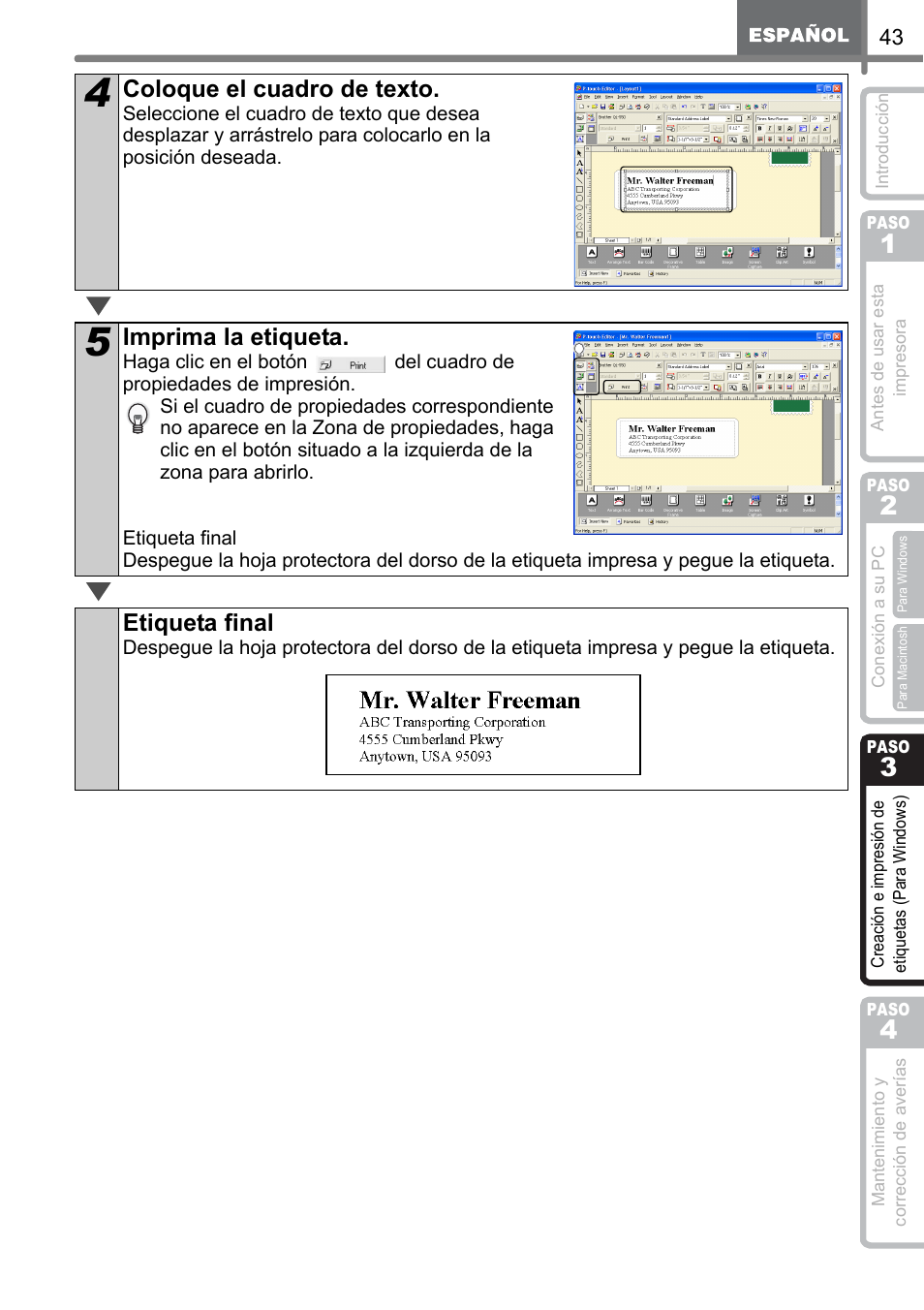 Coloque el cuadro de texto, Imprima la etiqueta, Etiqueta final | Brother QL-500 User Manual | Page 101 / 118