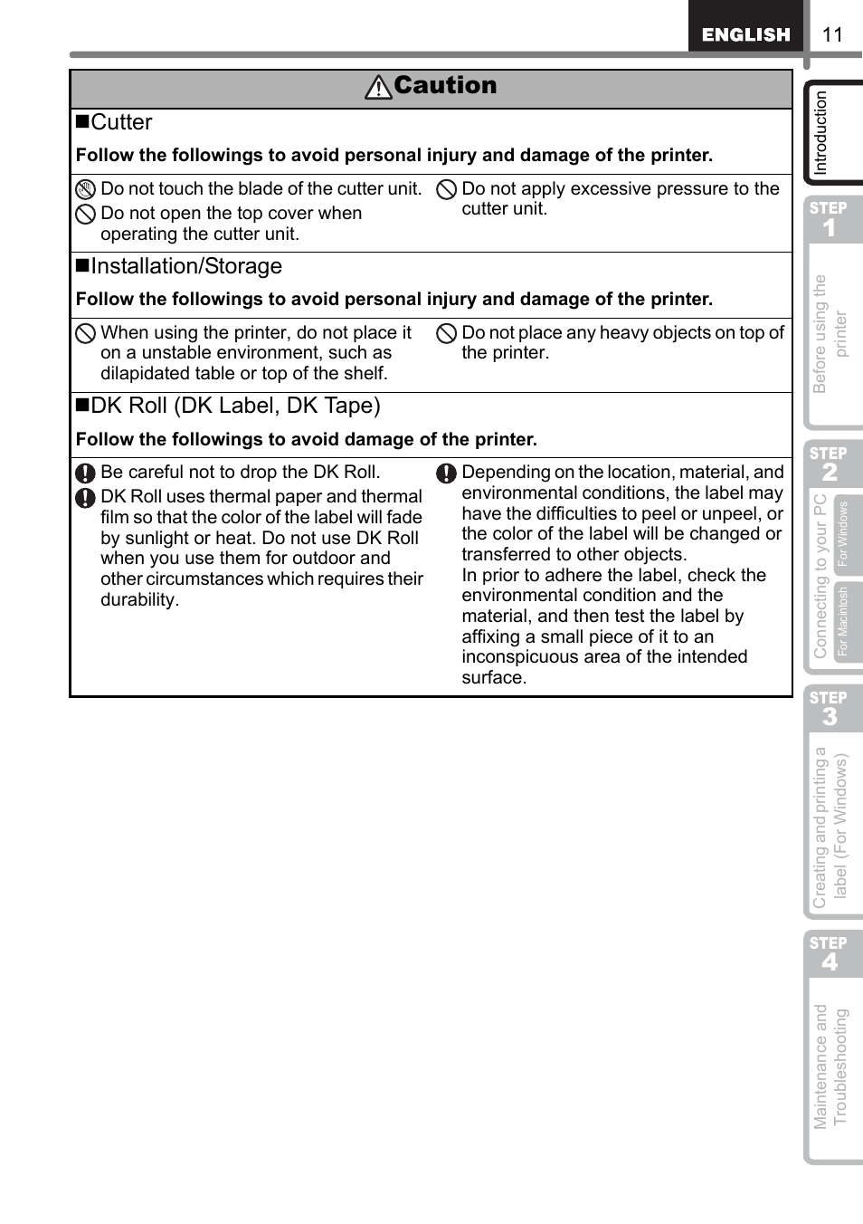 Caution, Cutter, Installation/storage | Dk roll (dk label, dk tape) | Brother QL-500 User Manual | Page 11 / 118