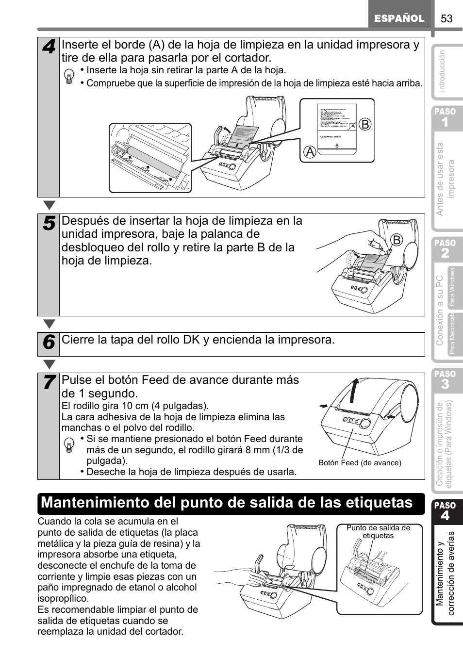 Mantenimiento del punto de salida de las etiquetas | Brother QL-500 User Manual | Page 111 / 118