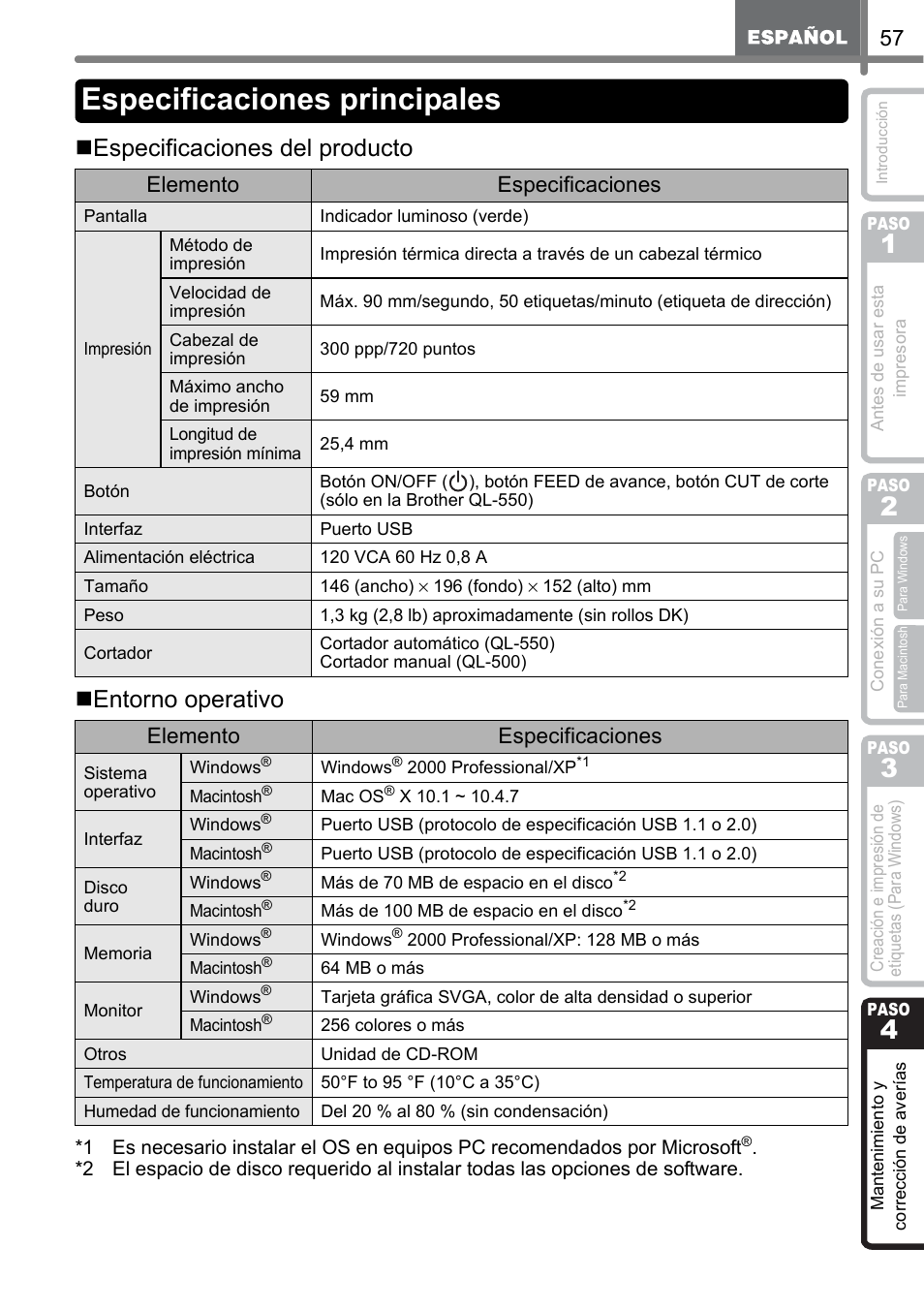 Especificaciones principales, Especificaciones del producto  entorno operativo, Elemento especificaciones | Brother QL-500 User Manual | Page 115 / 118