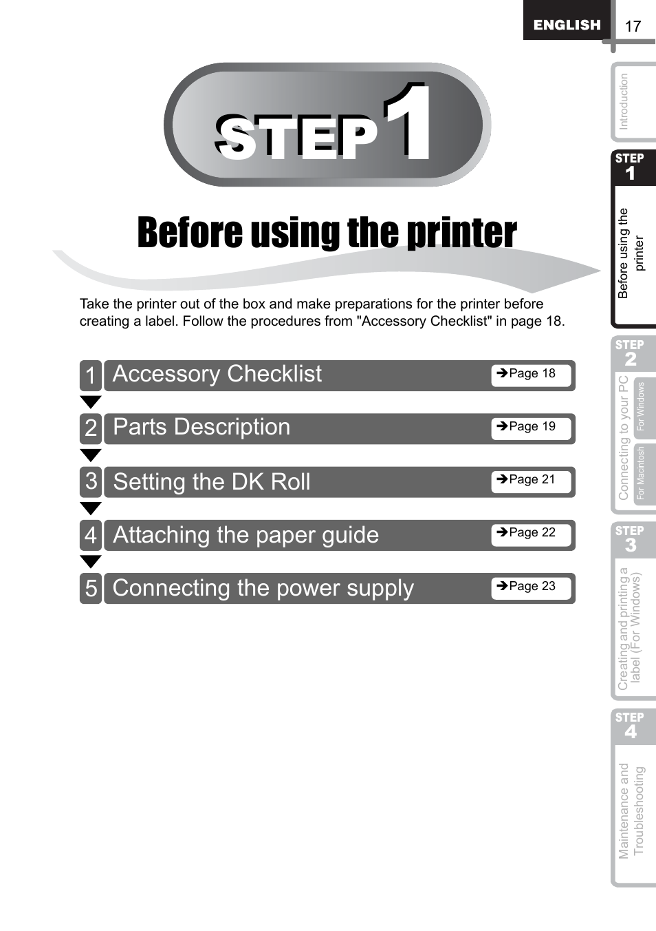 Before using the printer, Step, Accessory checklist | Parts description, Setting the dk roll, Attaching the paper guide, Connecting the power supply | Brother QL-500 User Manual | Page 17 / 118