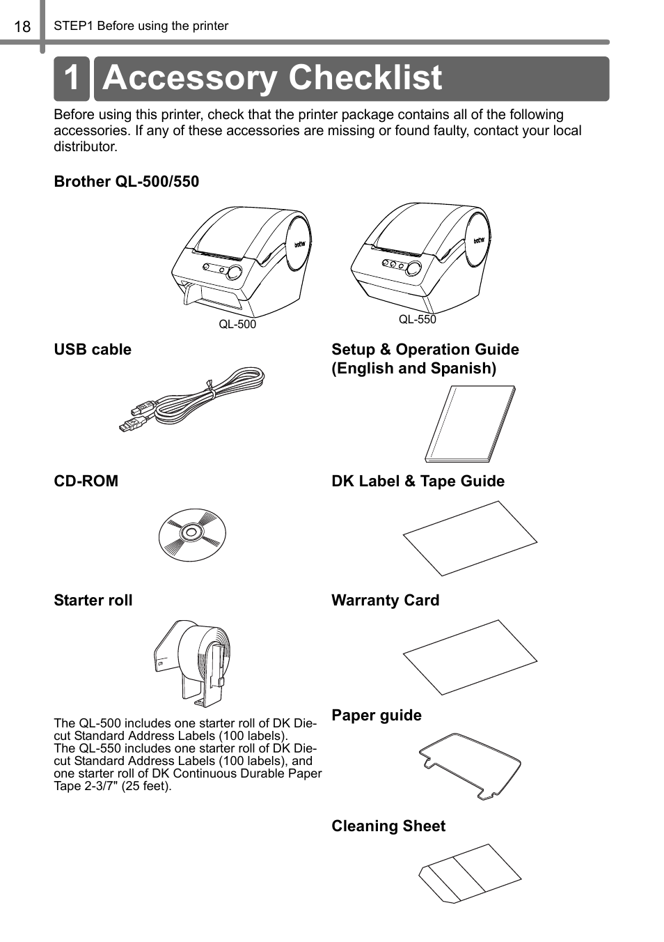 Accessory checklist, 1 accessory checklist | Brother QL-500 User Manual | Page 18 / 118