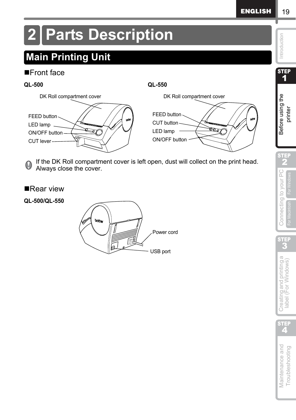 Parts description, Main printing unit, 2 parts description | Front face, Rear view | Brother QL-500 User Manual | Page 19 / 118