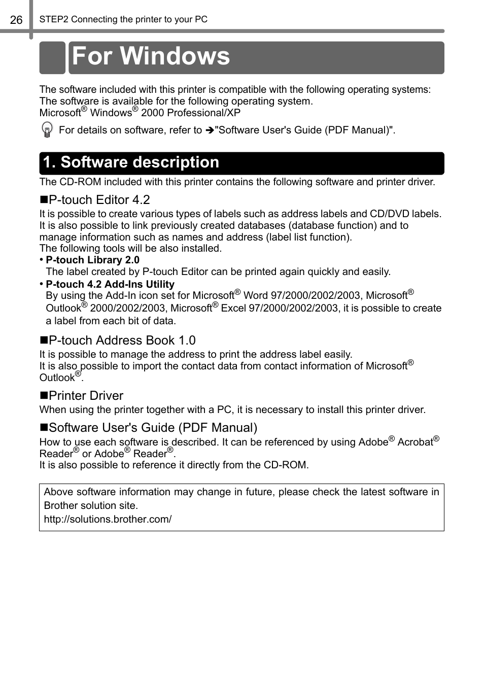 For windows, Software description, For wind | P-touch editor 4.2, P-touch address book 1.0, Printer driver, Software user's guide (pdf manual) | Brother QL-500 User Manual | Page 26 / 118