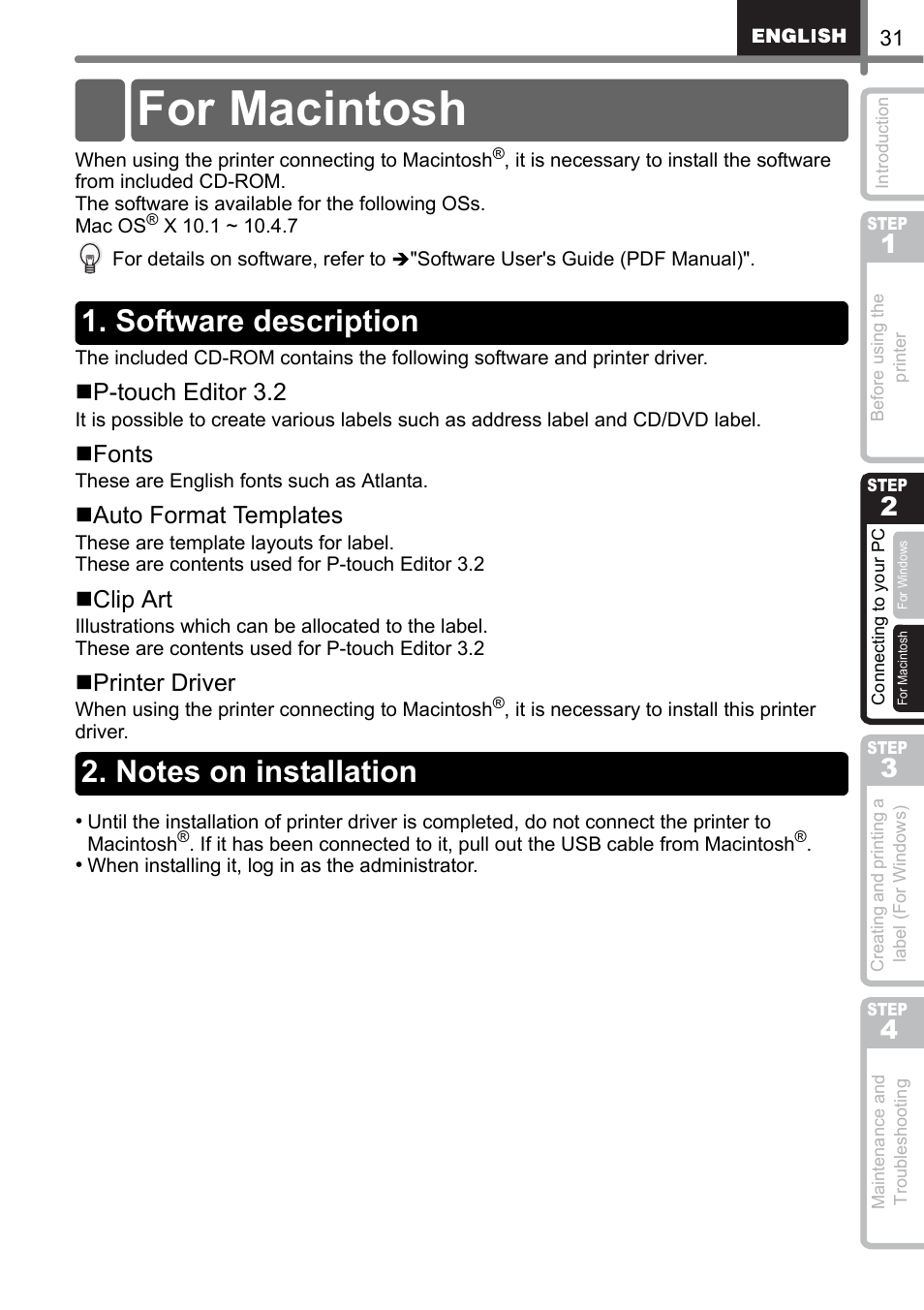 For macintosh, Software description, Notes on installation | For ma, Cintosh, For macin, Tosh, For m, Acintosh, P-touch editor 3.2 | Brother QL-500 User Manual | Page 31 / 118