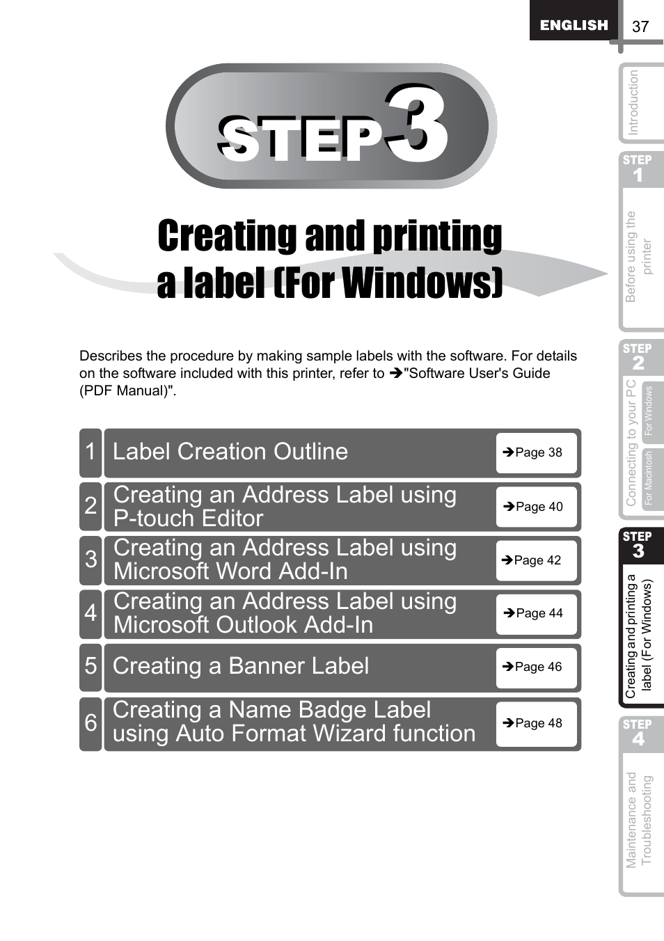 Creating and printing a label (for windows), Eating an, D pr | Inting, Label (f, Or windows), Step, Label creation outline, Creating an address label using p-touch editor, Creating a banner label | Brother QL-500 User Manual | Page 37 / 118