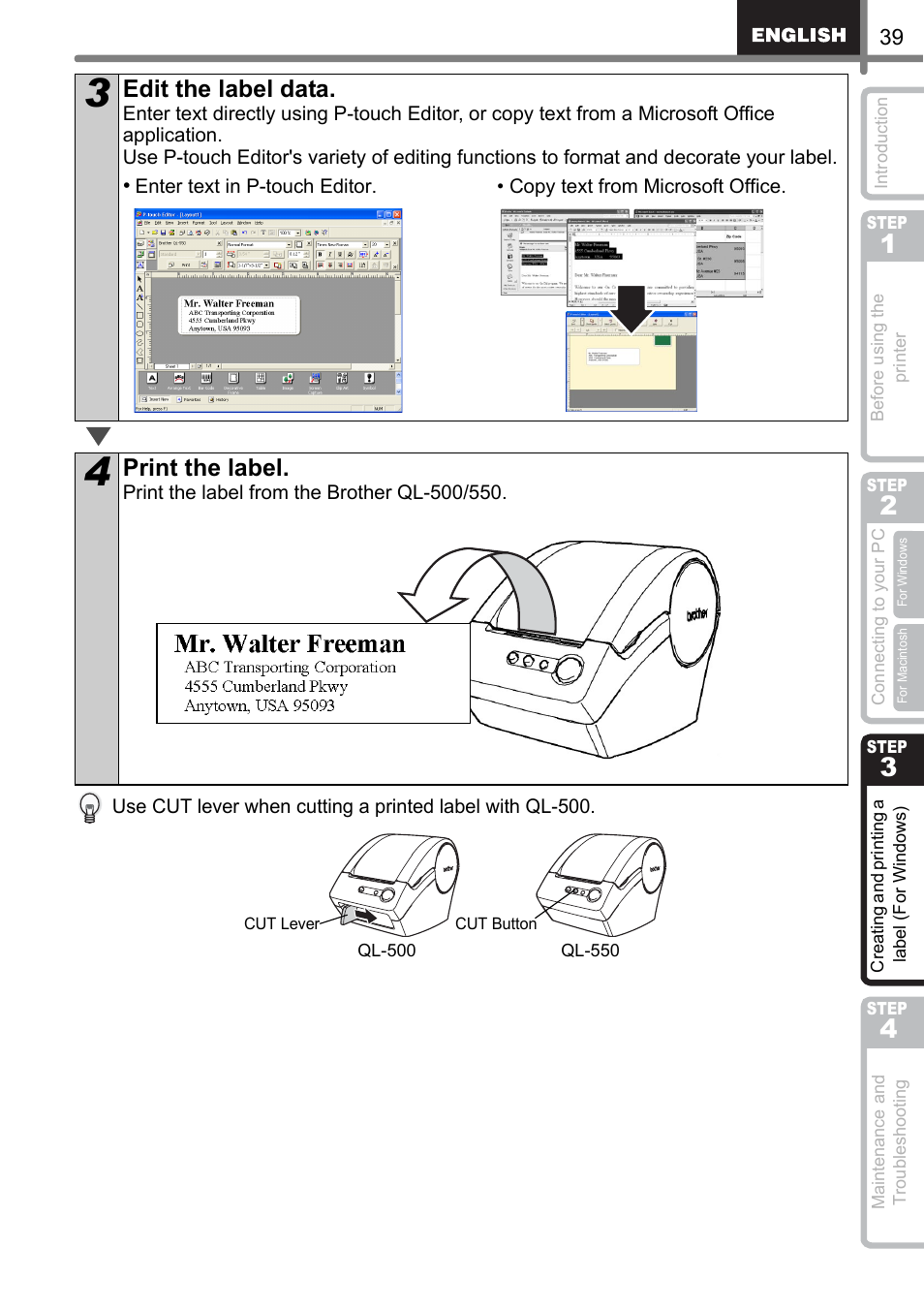 Edit the label data, Print the label | Brother QL-500 User Manual | Page 39 / 118