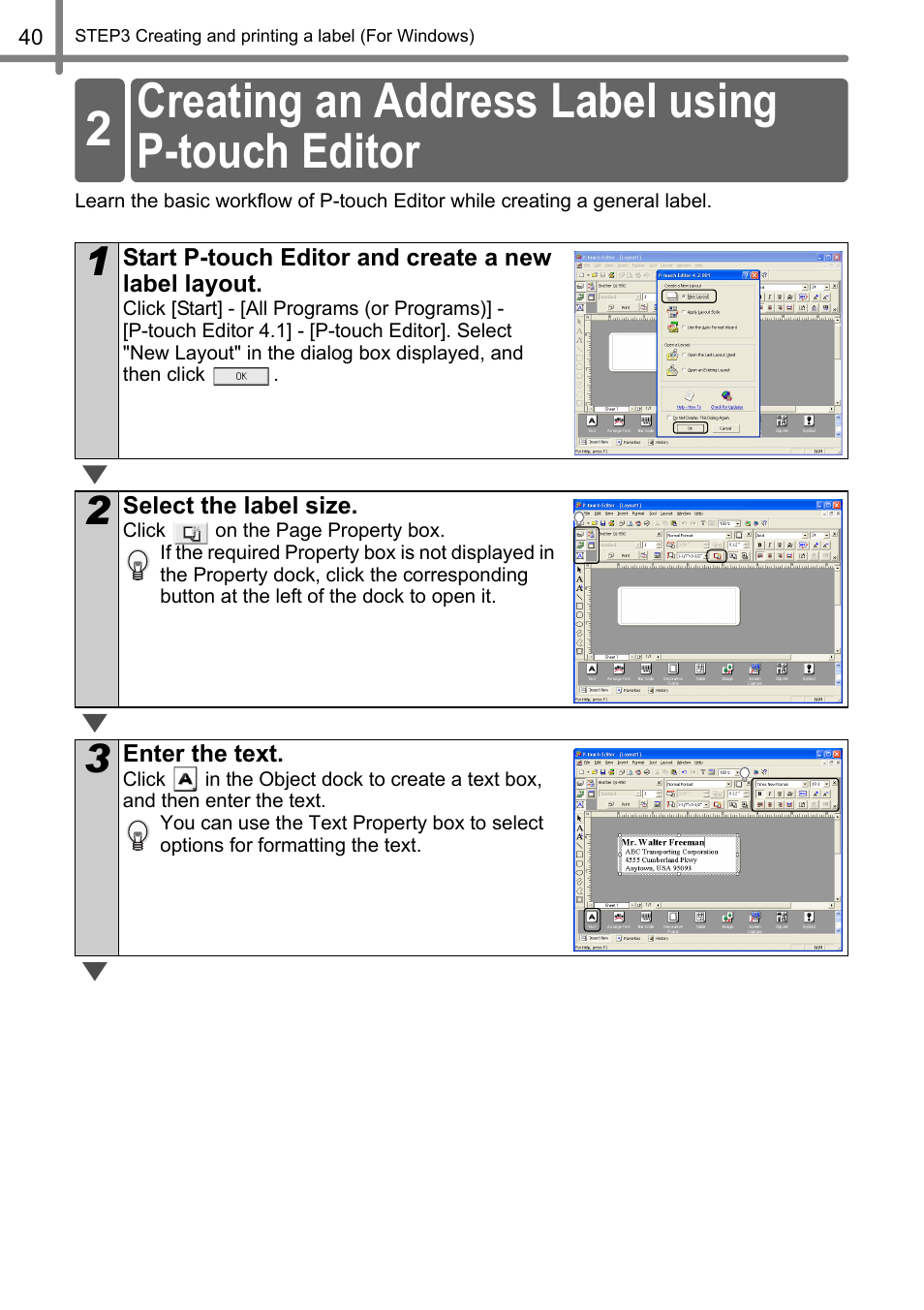 Creating an address label using p-touch editor, Creating an address label using p-t, Creating an address label using | P-touch editor, 2 creating an address label using p-touch editor 2 | Brother QL-500 User Manual | Page 40 / 118