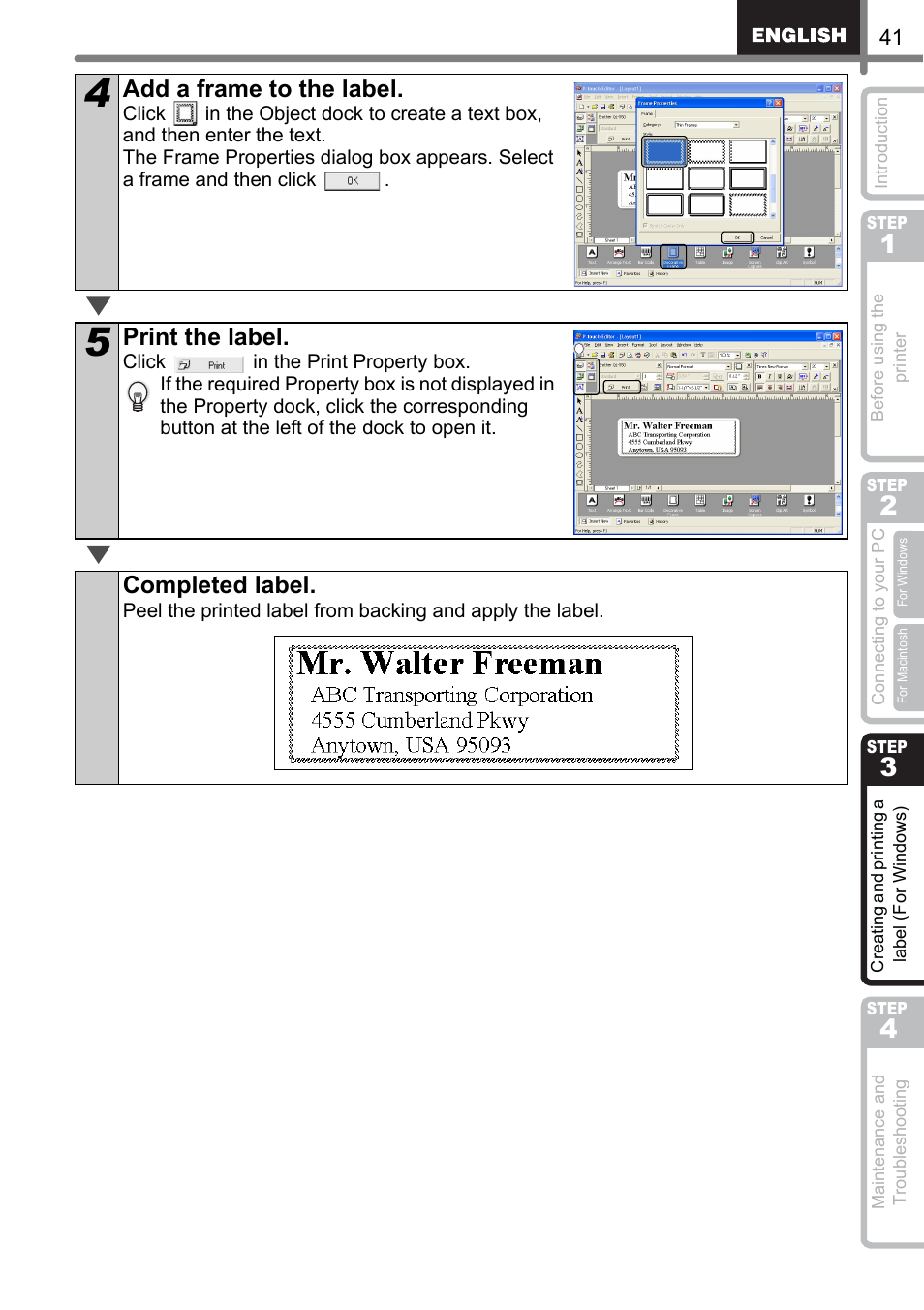 Add a frame to the label, Print the label, Completed label | Brother QL-500 User Manual | Page 41 / 118
