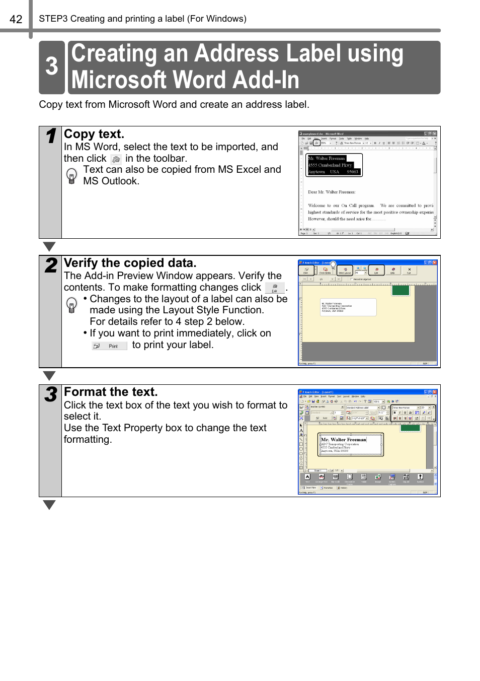 Creating an address label using, Microsoft word add-in | Brother QL-500 User Manual | Page 42 / 118