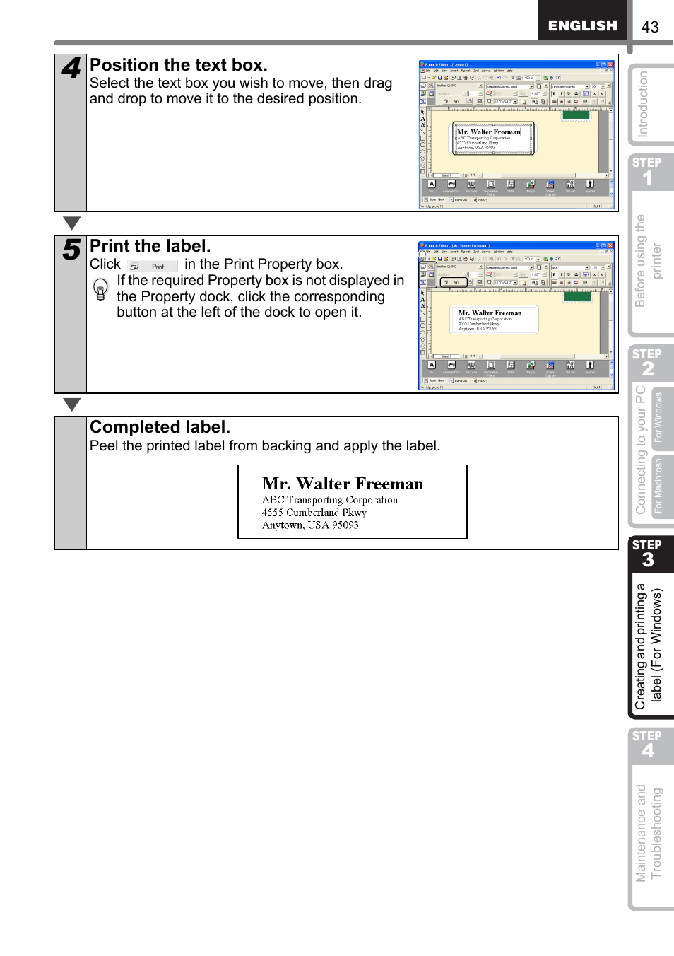 Position the text box, Print the label, Completed label | Brother QL-500 User Manual | Page 43 / 118