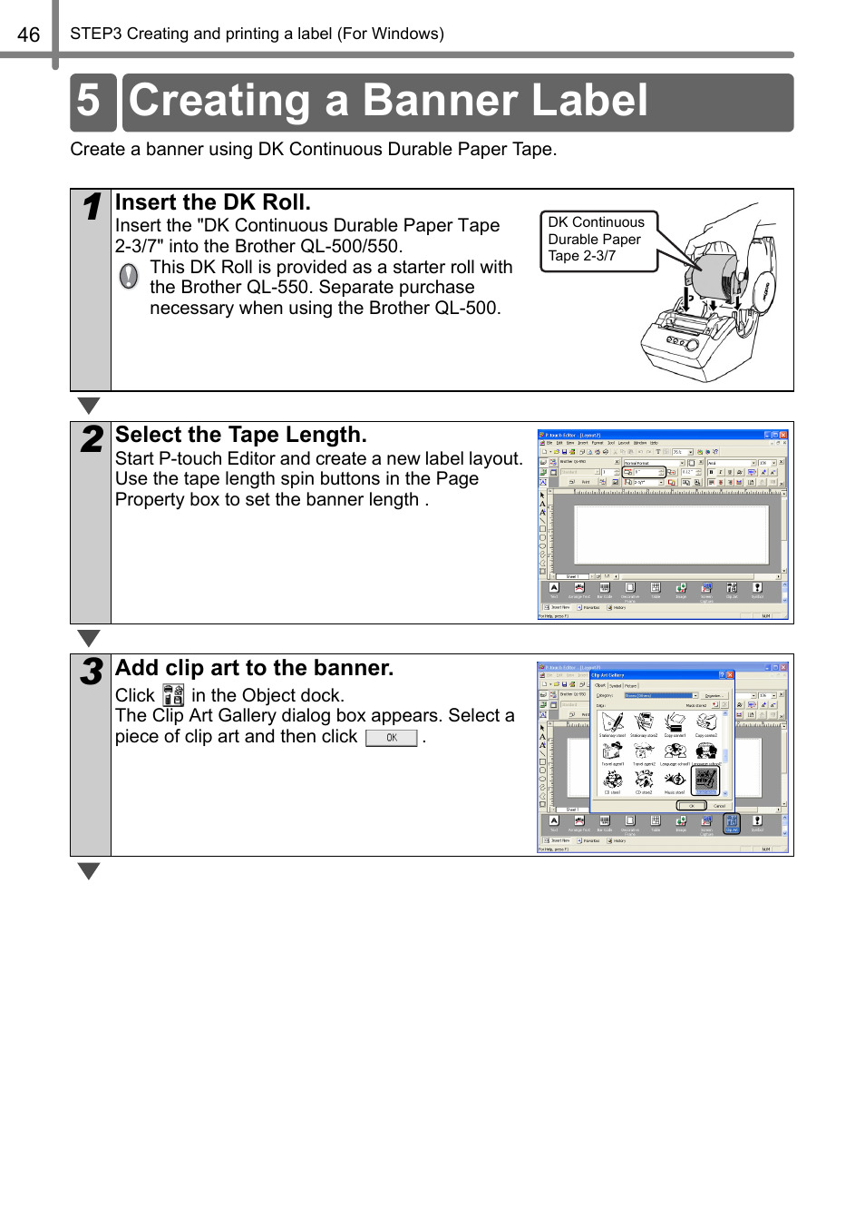 Creating a banner label, Creación de etiquetas para titulares, 5 creating a banner label | Brother QL-500 User Manual | Page 46 / 118