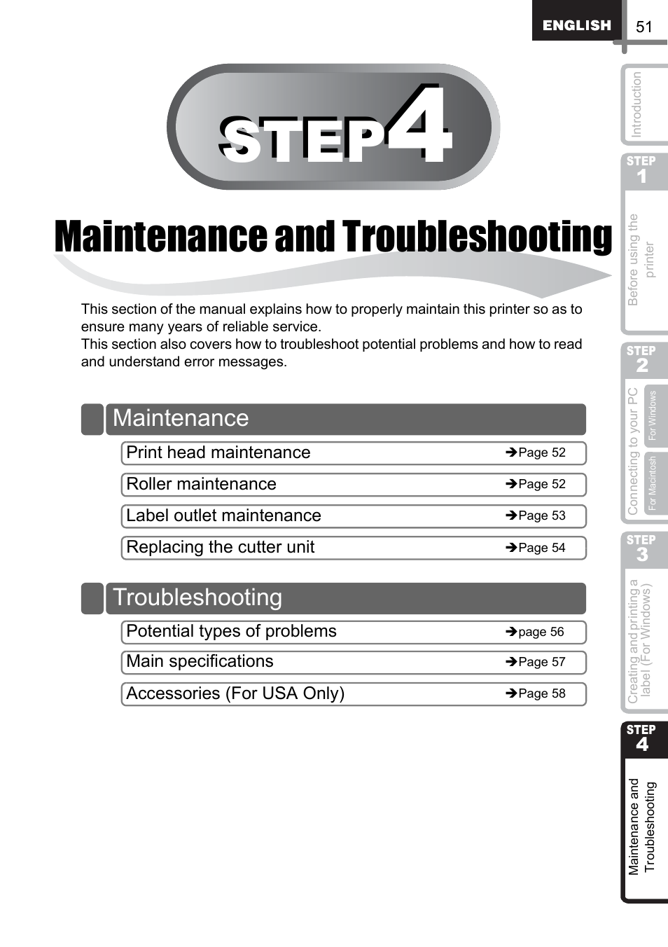 Maintenance and troubleshooting, Step, Maintenance troubleshooting | Brother QL-500 User Manual | Page 51 / 118