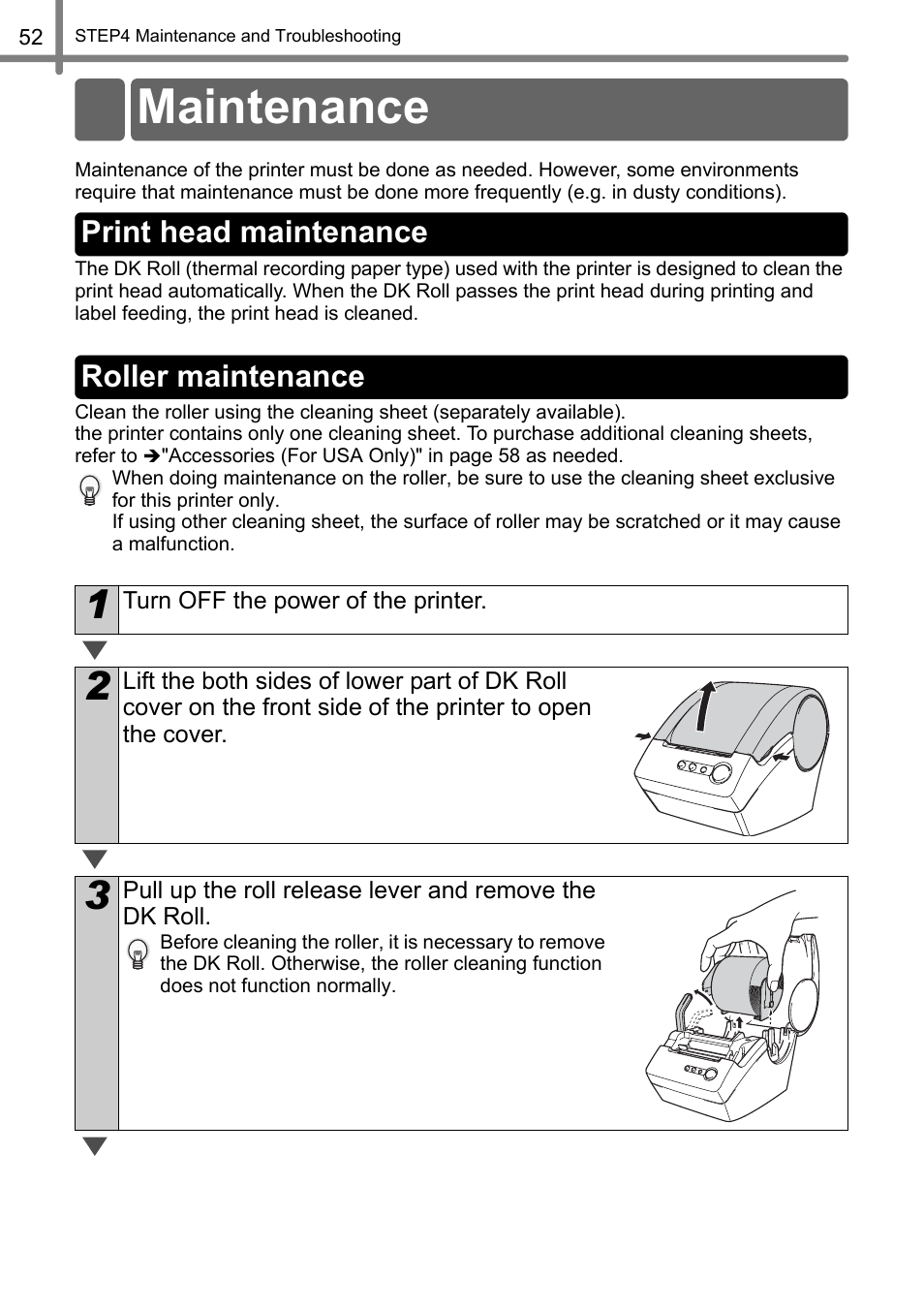 Maintenance, Print head maintenance, Roller maintenance | Print head maintenance roller maintenance | Brother QL-500 User Manual | Page 52 / 118