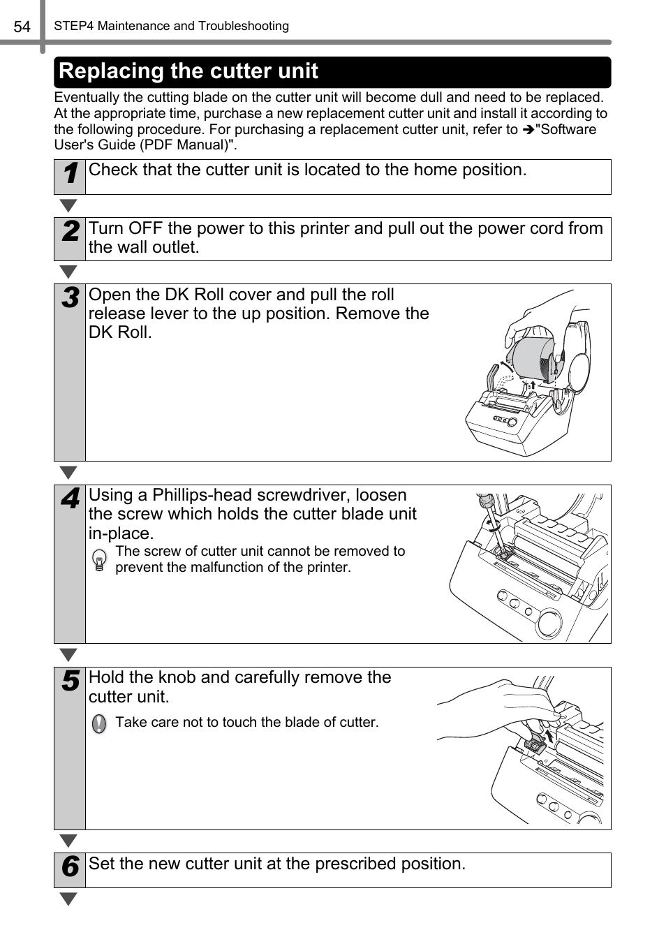 Replacing the cutter unit | Brother QL-500 User Manual | Page 54 / 118