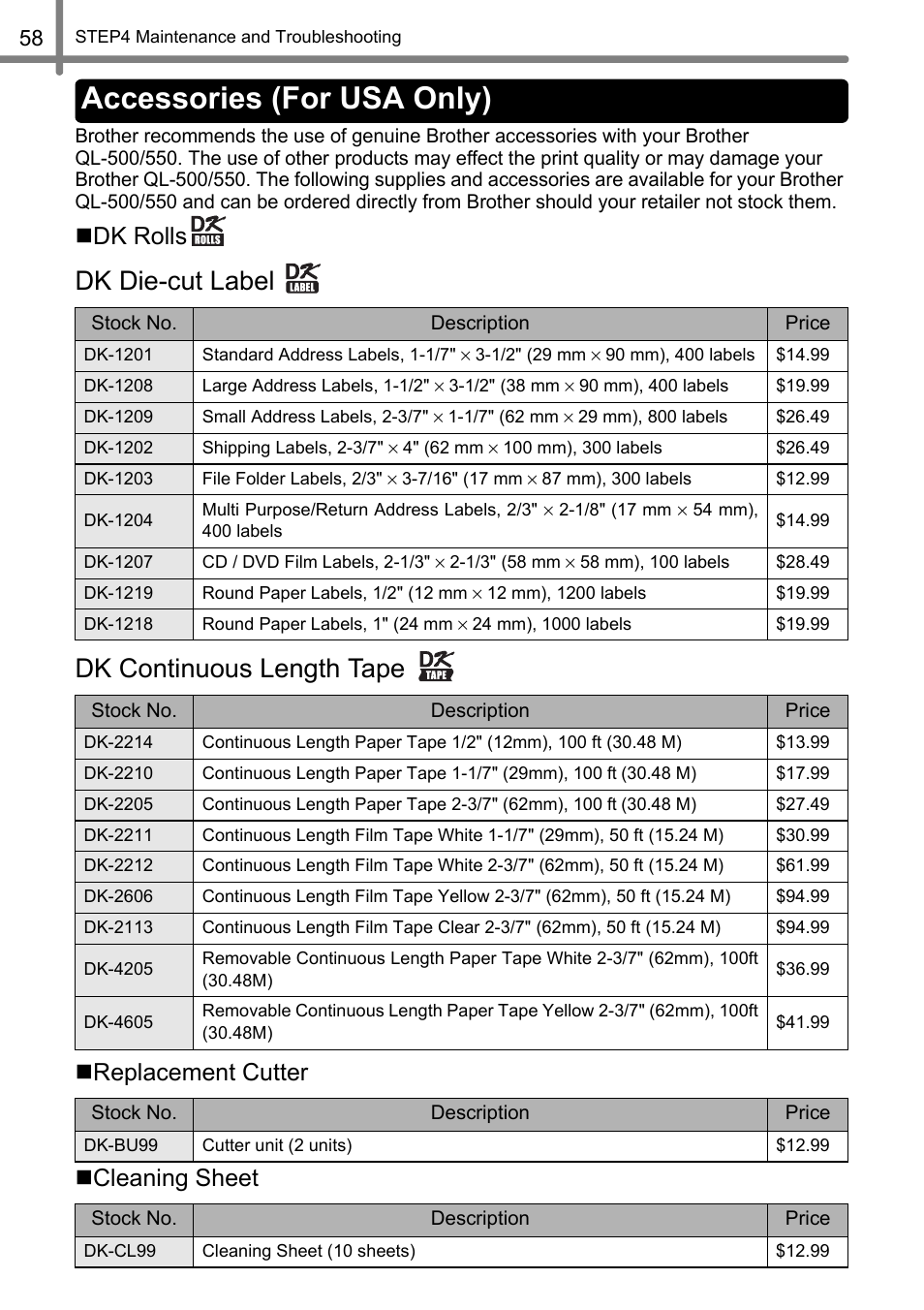 Accessories (for usa only), Dk die-cut label dk continuous length tape, Dk rolls | Replacement cutter  cleaning sheet | Brother QL-500 User Manual | Page 58 / 118