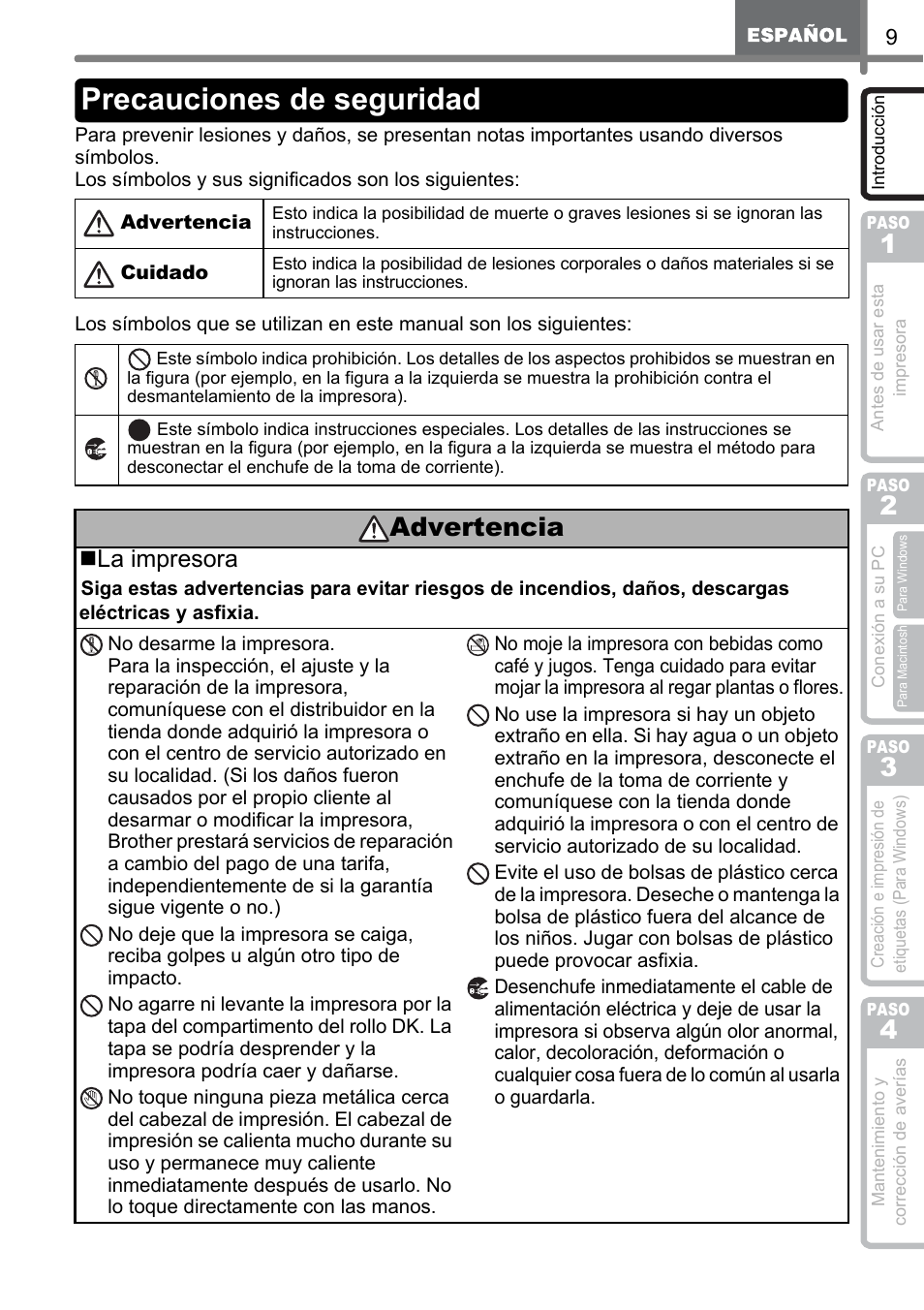 Precauciones de seguridad, Advertencia, La impresora | Brother QL-500 User Manual | Page 67 / 118