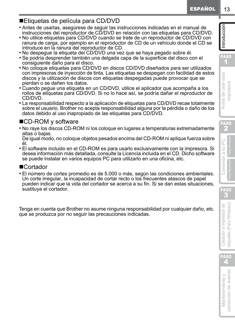 Etiquetas de película para cd/dvd, Cd-rom y software, Cortador | Brother QL-500 User Manual | Page 71 / 118