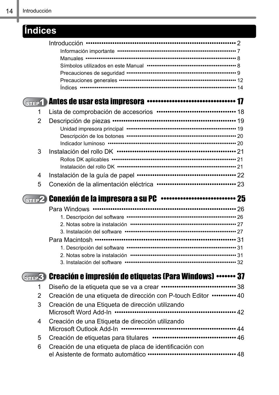 Índices | Brother QL-500 User Manual | Page 72 / 118