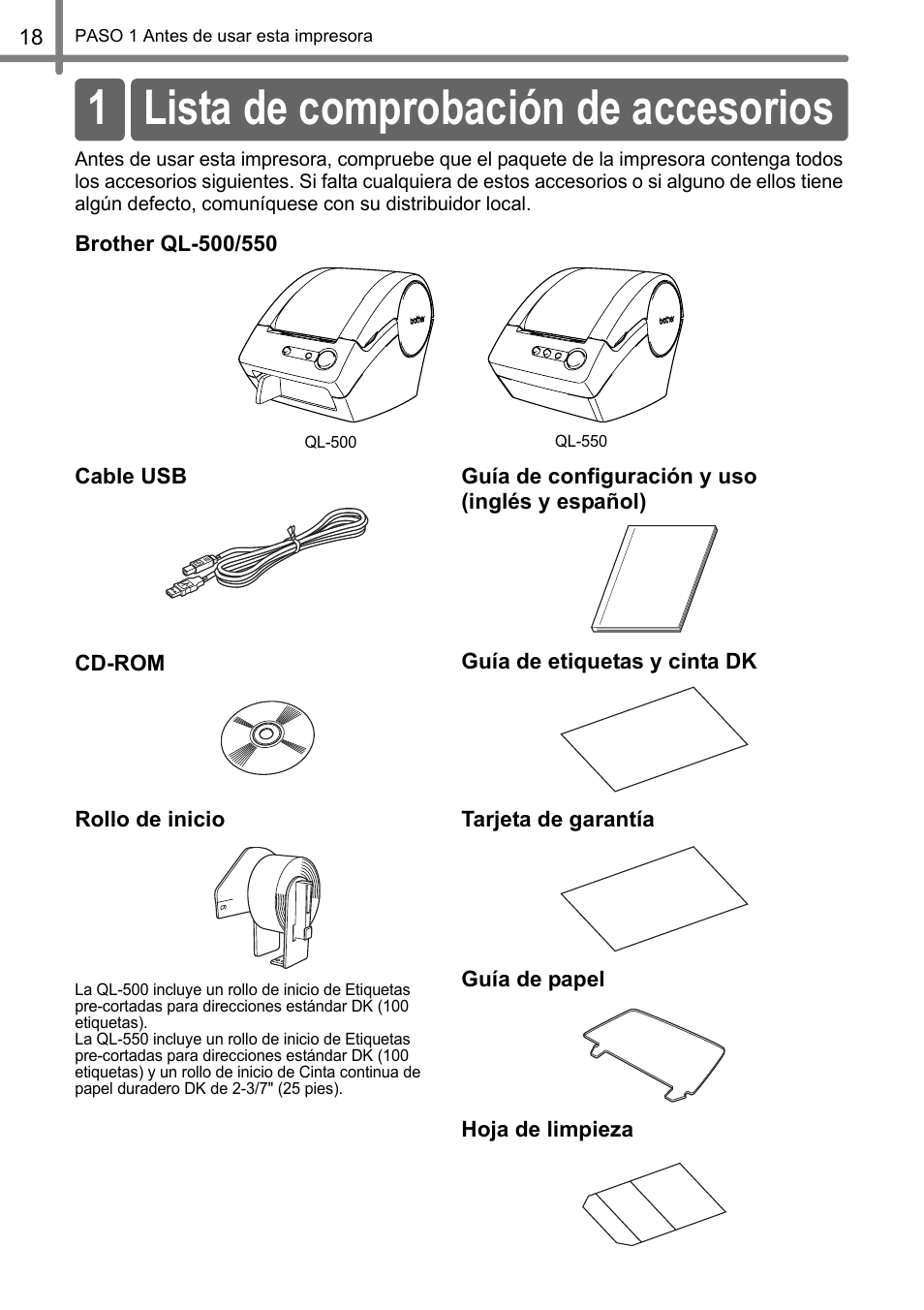 Lista de comprobación de accesorios, 1 lista de comprobación de accesorios | Brother QL-500 User Manual | Page 76 / 118