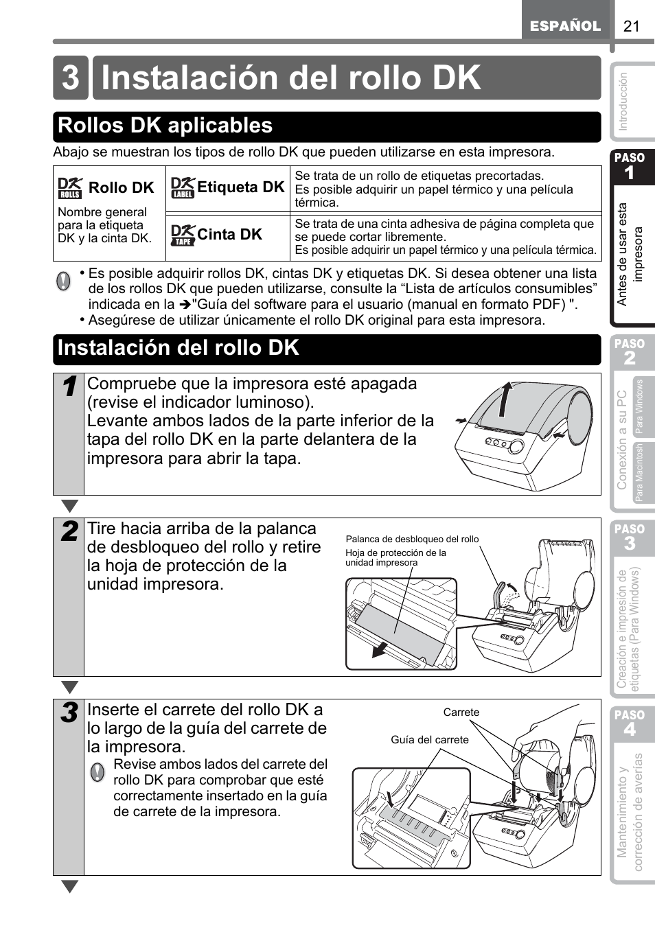 Instalación del rollo dk, Rollos dk aplicables, 3 instalación del rollo dk | Rollos dk aplicables instalación del rollo dk | Brother QL-500 User Manual | Page 79 / 118