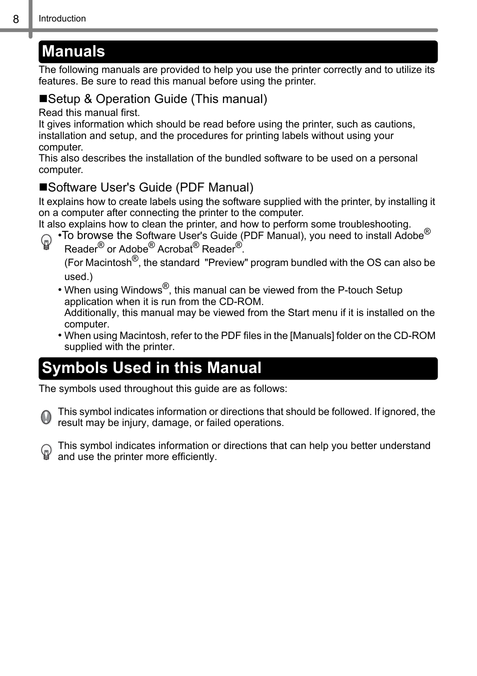 Manuals, Symbols used in this manual, Manuals symbols used in this manual | Brother QL-500 User Manual | Page 8 / 118