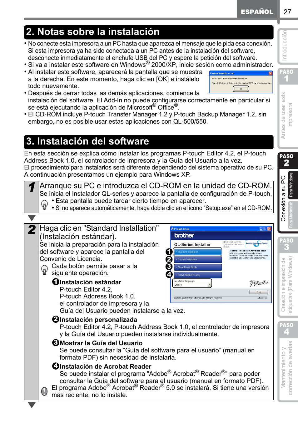 Notas sobre la instalación, Instalación del software, Instalación del software" en la | Brother QL-500 User Manual | Page 85 / 118