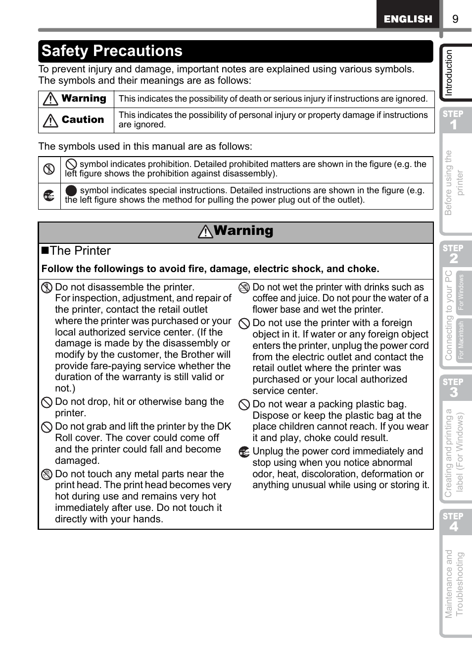 Safety precautions, Warning, The printer | Brother QL-500 User Manual | Page 9 / 118