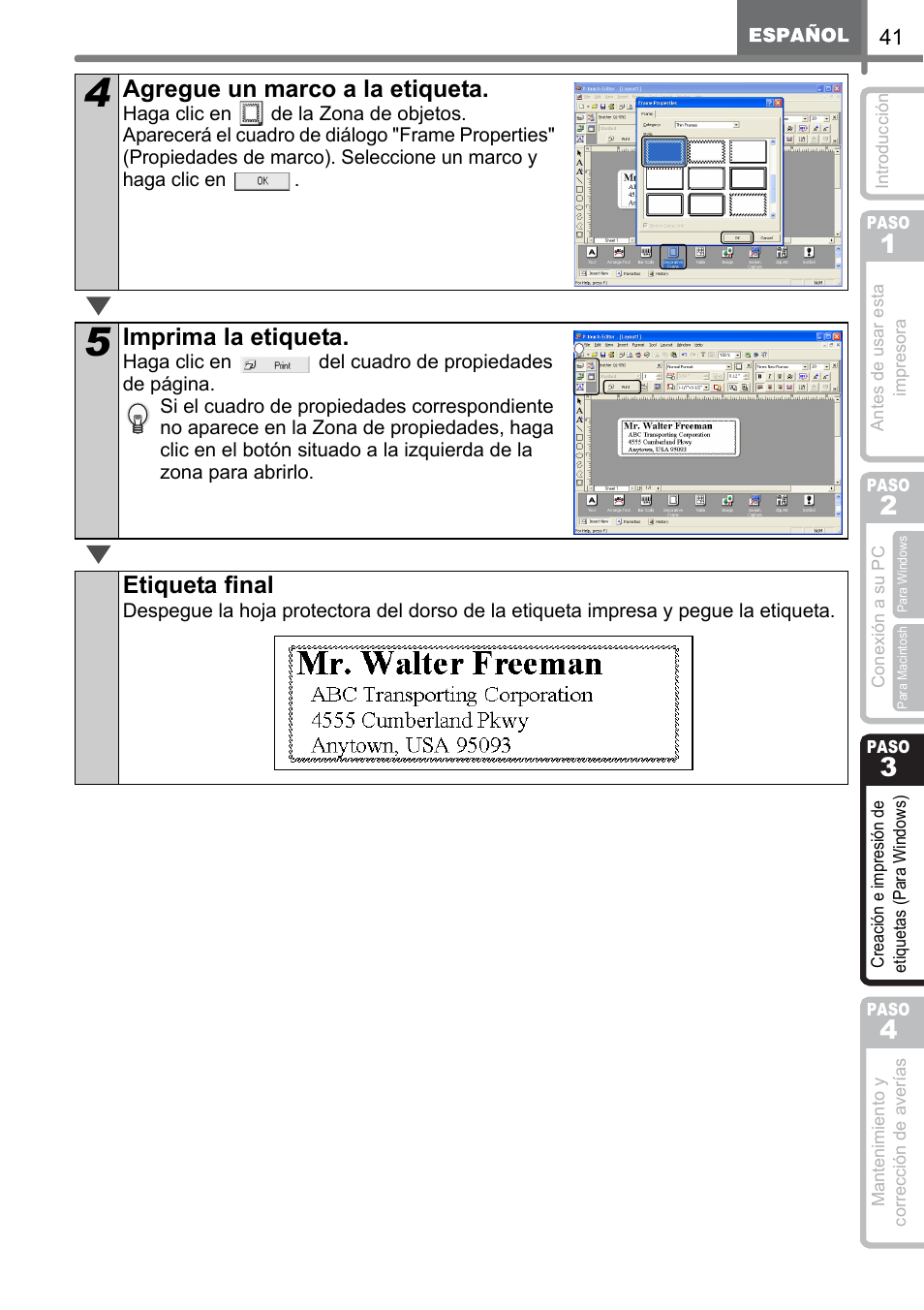 Agregue un marco a la etiqueta, Imprima la etiqueta, Etiqueta final | Brother QL-500 User Manual | Page 99 / 118