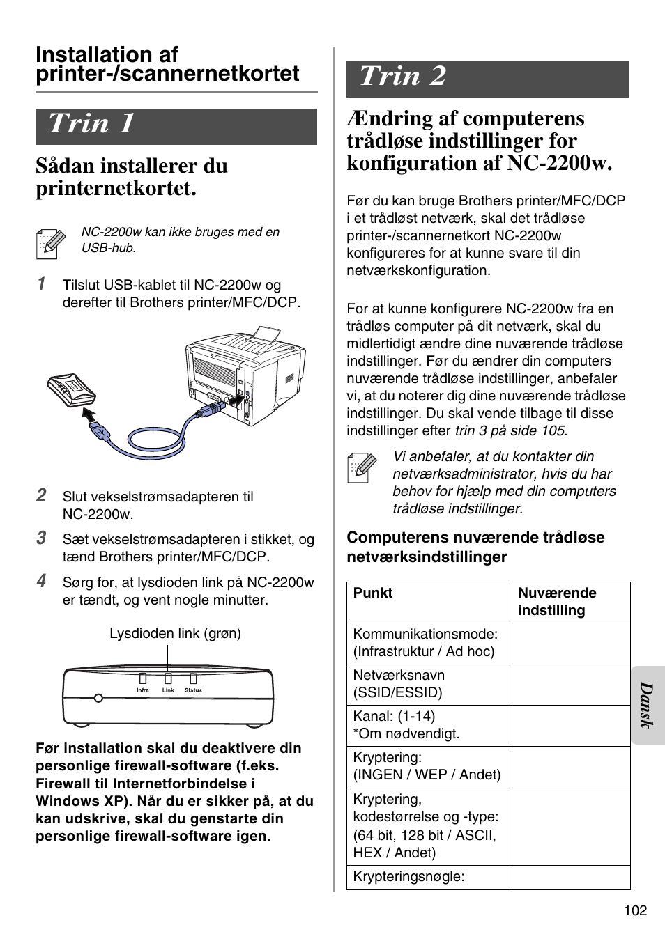 Installation af printer-/scannernetkortet, Trin 1, Trin 2 | English | Brother NC-2200W User Manual | Page 103 / 159