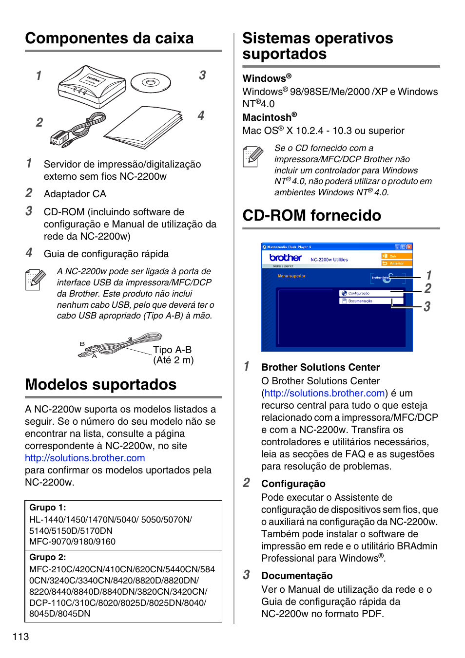 Português, Componentes da caixa, Modelos suportados | Sistemas operativos suportados, Cd-rom fornecido, English | Brother NC-2200W User Manual | Page 114 / 159