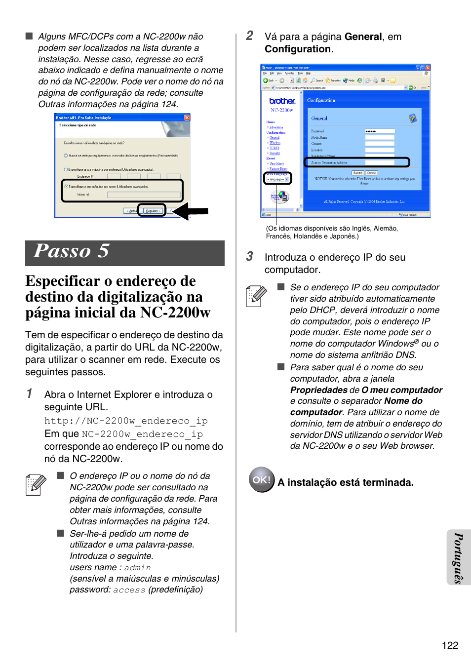 Passo 5, English, Português | Brother NC-2200W User Manual | Page 123 / 159