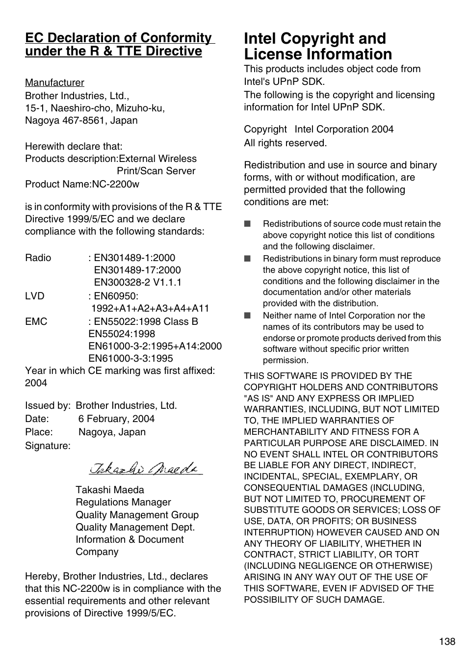 Intel copyright and license information, English | Brother NC-2200W User Manual | Page 139 / 159
