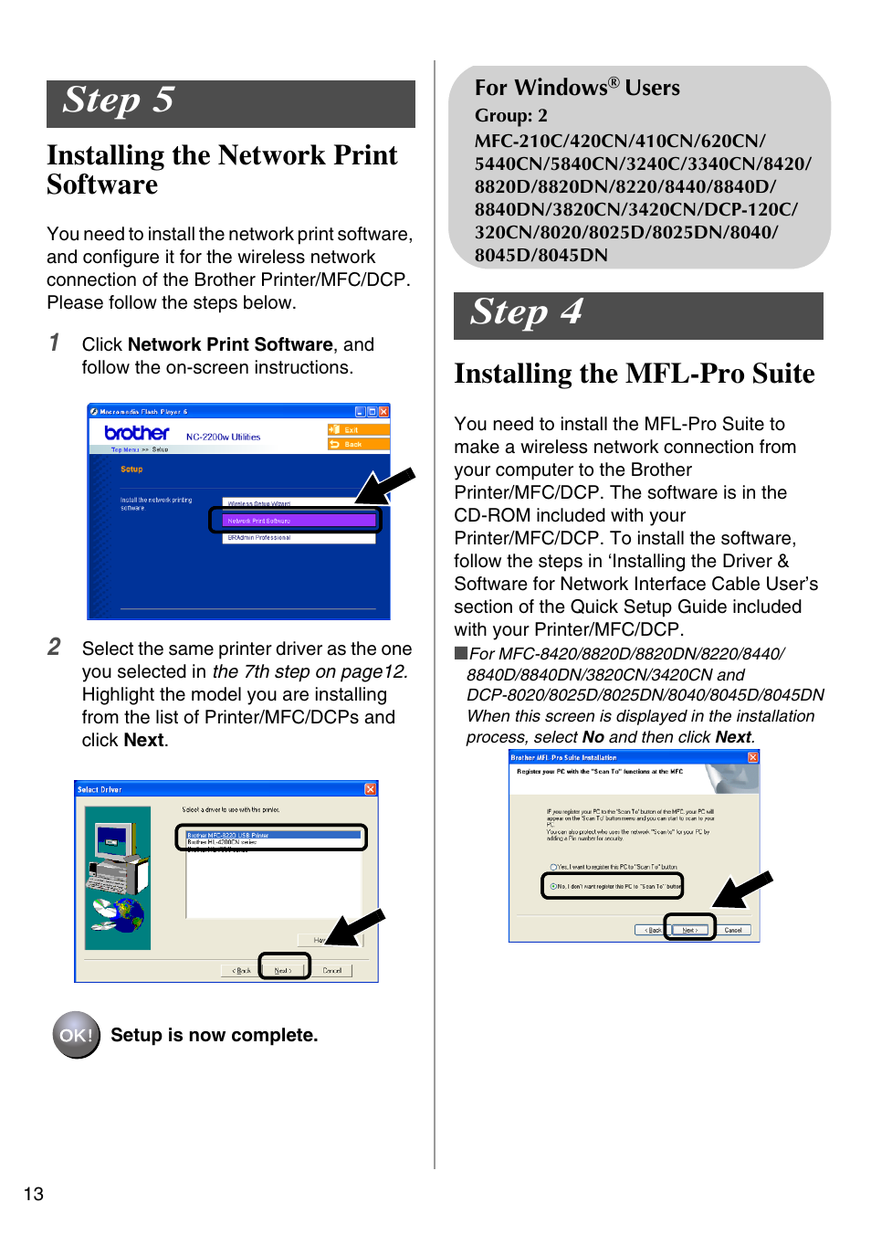 Step 5, Step 4, Installing the network print software | Installing the mfl-pro suite, English | Brother NC-2200W User Manual | Page 14 / 159