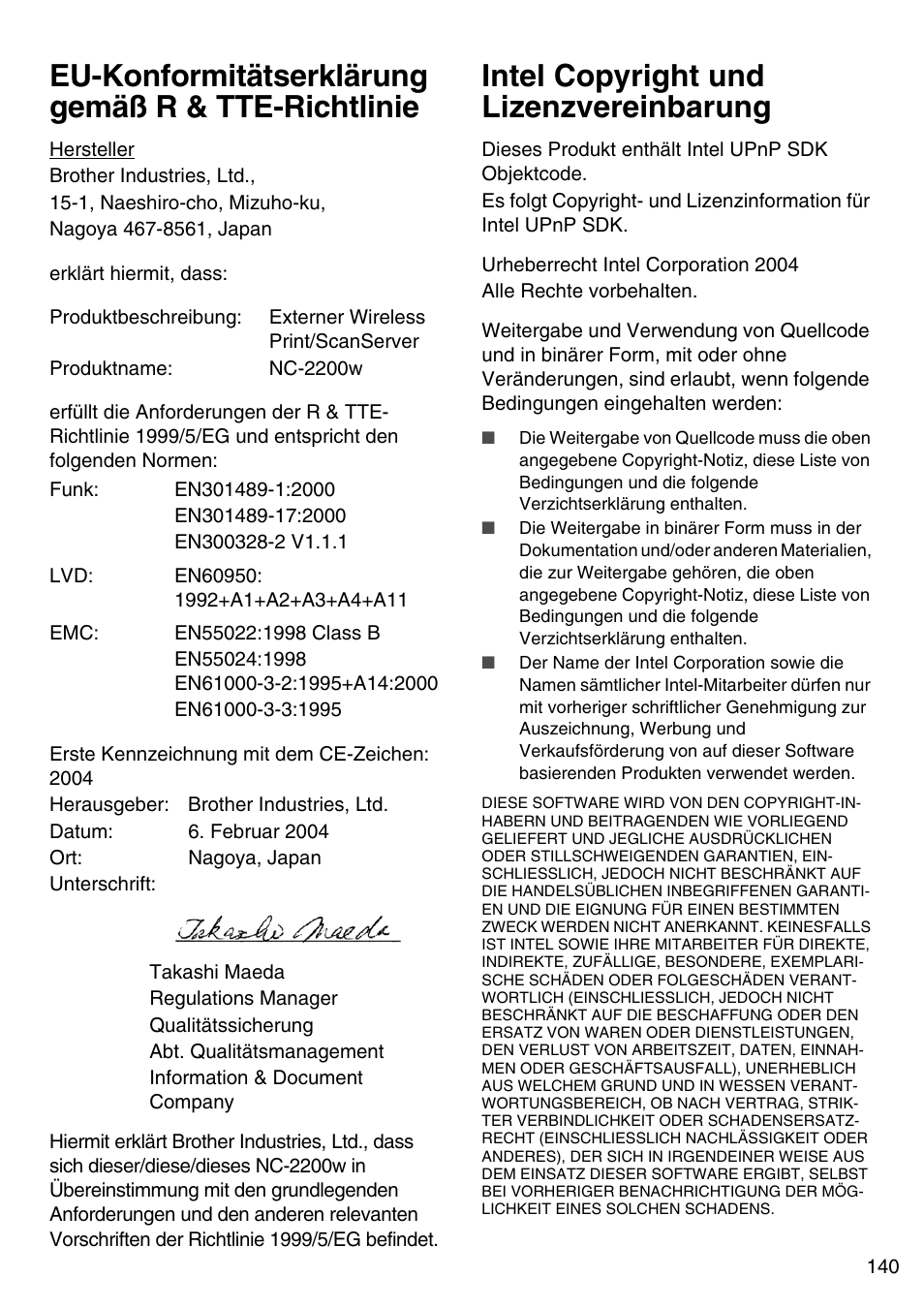 Eu-konformitätserklärung gemäß r & tte-richtlinie, Intel copyright und lizenzvereinbarung, Englisch | Brother NC-2200W User Manual | Page 141 / 159