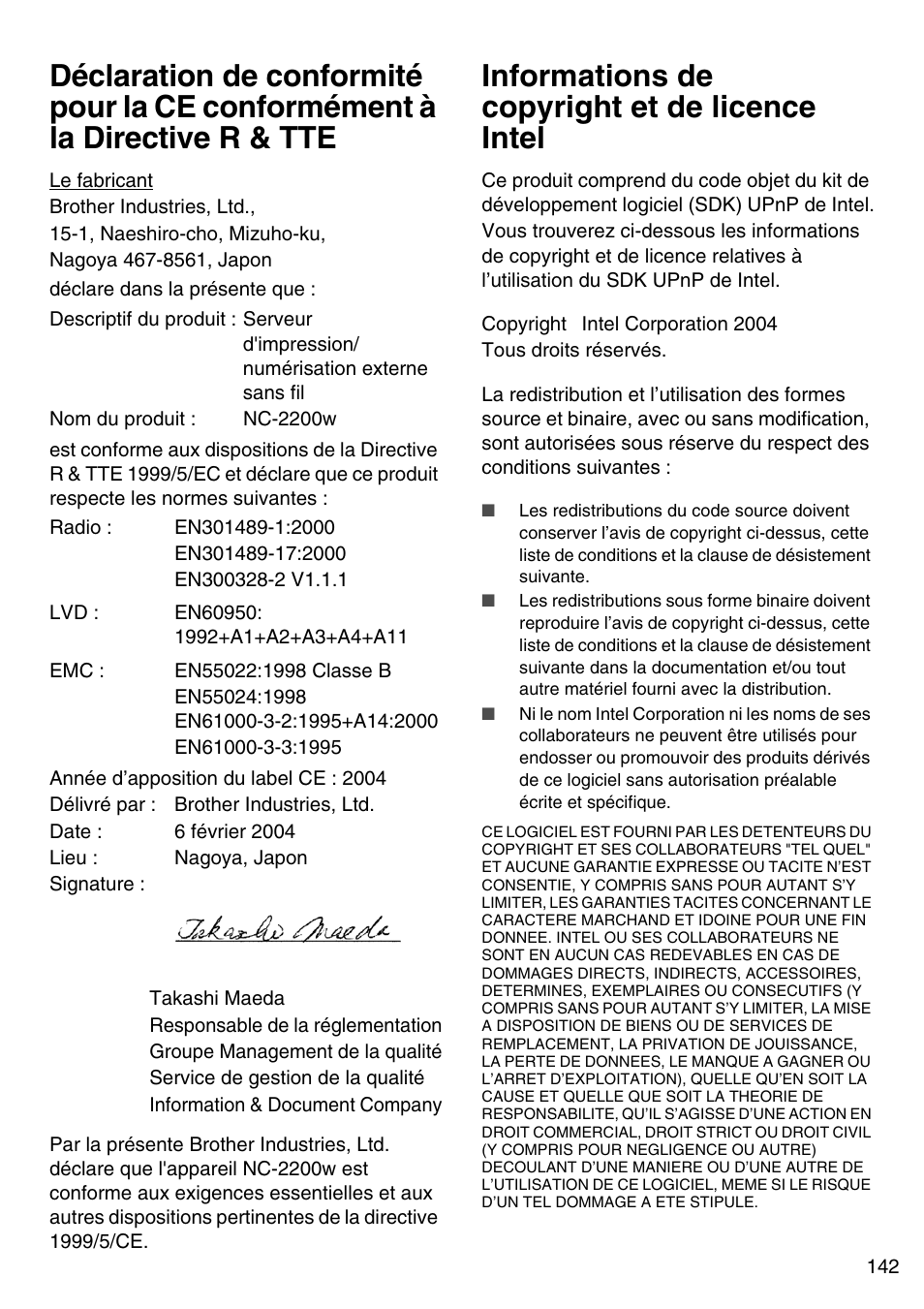 Informations de copyright et de licence intel, Français | Brother NC-2200W User Manual | Page 143 / 159