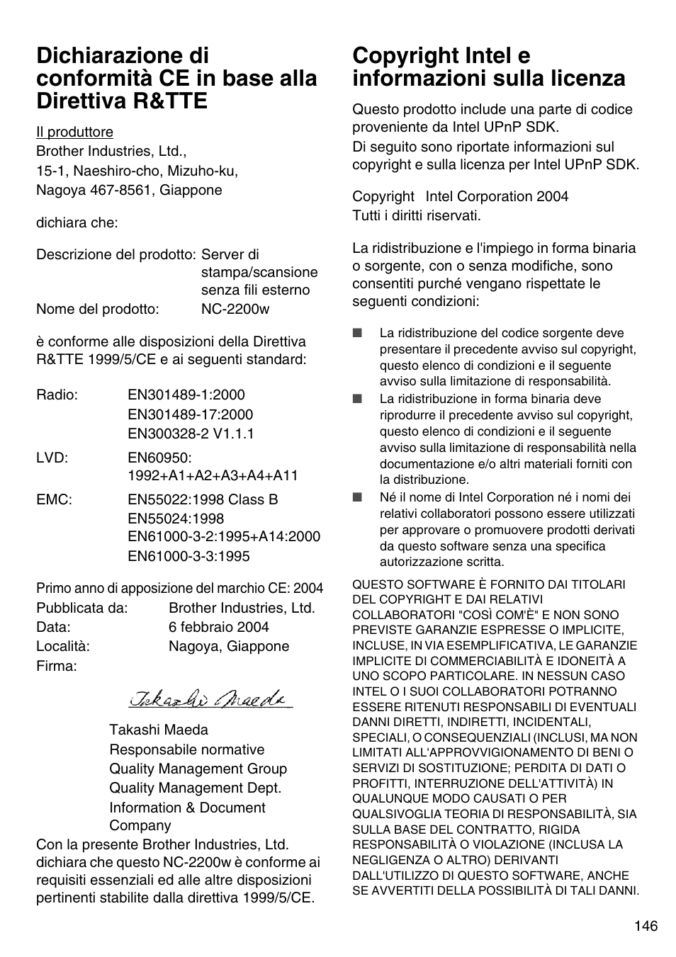 Copyright intel e informazioni sulla licenza, English | Brother NC-2200W User Manual | Page 147 / 159
