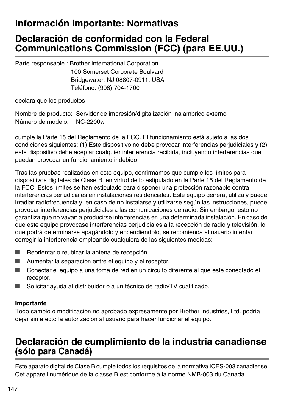 Información importante: normativas | Brother NC-2200W User Manual | Page 148 / 159