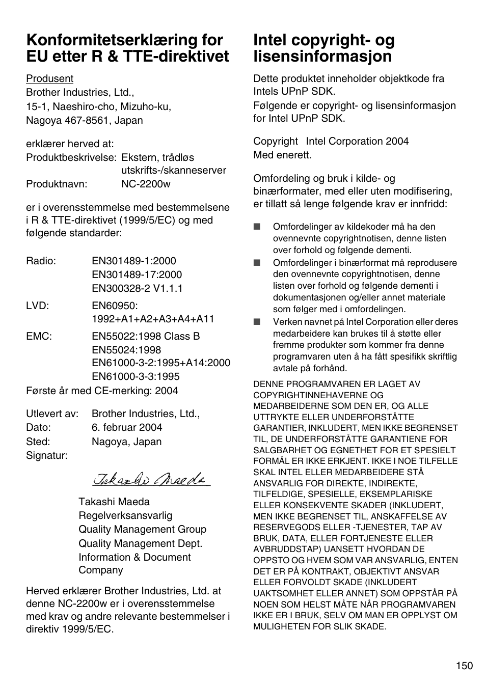 Intel copyright- og lisensinformasjon, Norsk | Brother NC-2200W User Manual | Page 151 / 159