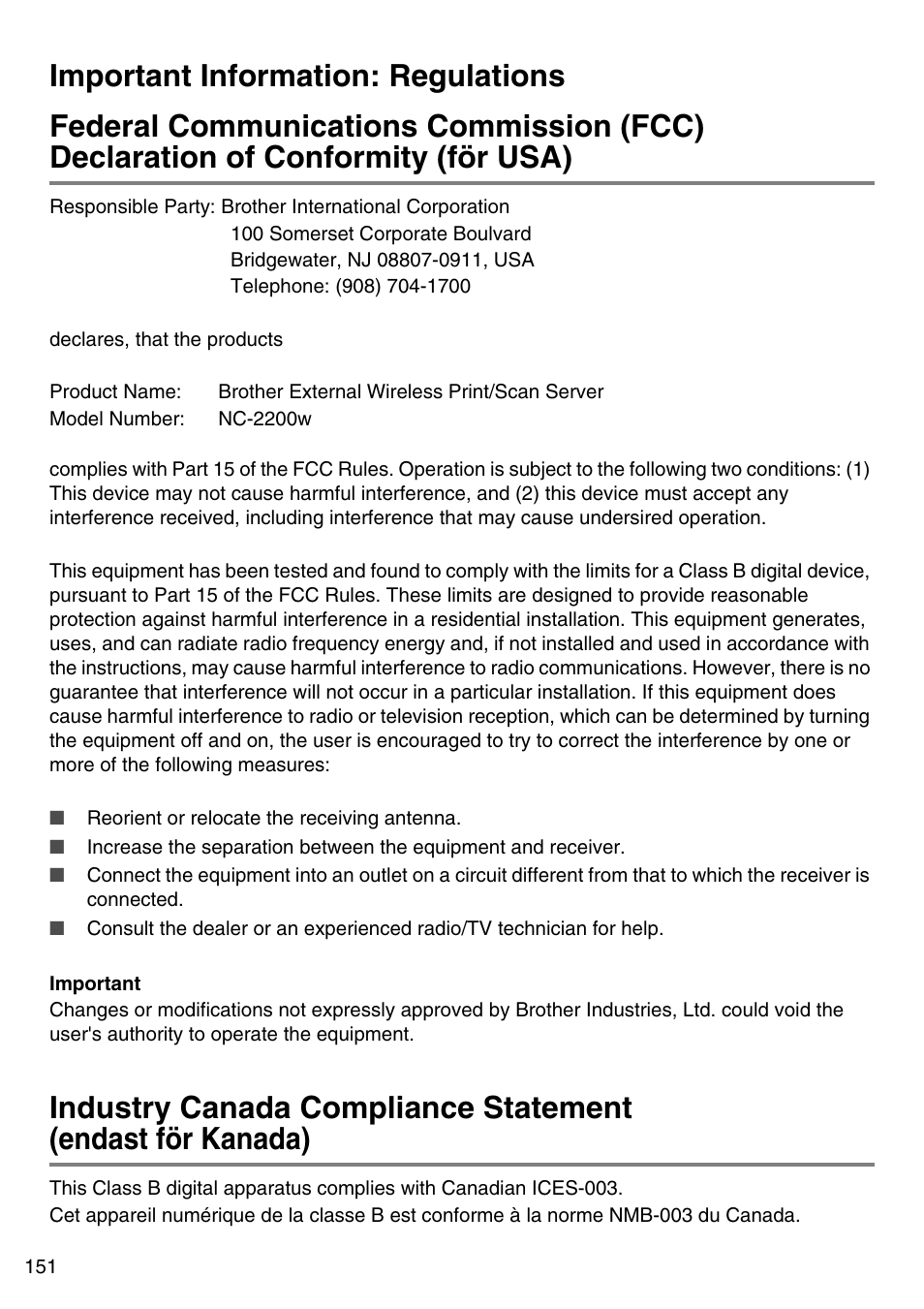 Important information: regulations | Brother NC-2200W User Manual | Page 152 / 159