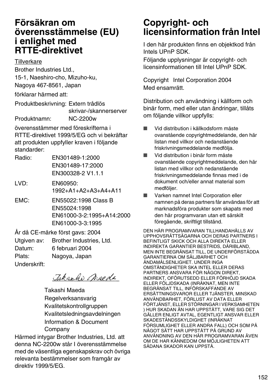 Copyright- och licensinformation från intel, Swedish | Brother NC-2200W User Manual | Page 153 / 159