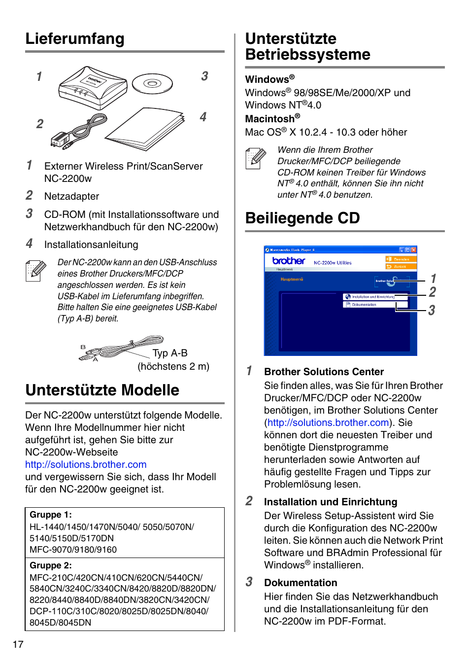 Deutsch, Lieferumfang, Unterstützte modelle | Unterstützte betriebssysteme, Beiliegende cd, English | Brother NC-2200W User Manual | Page 18 / 159