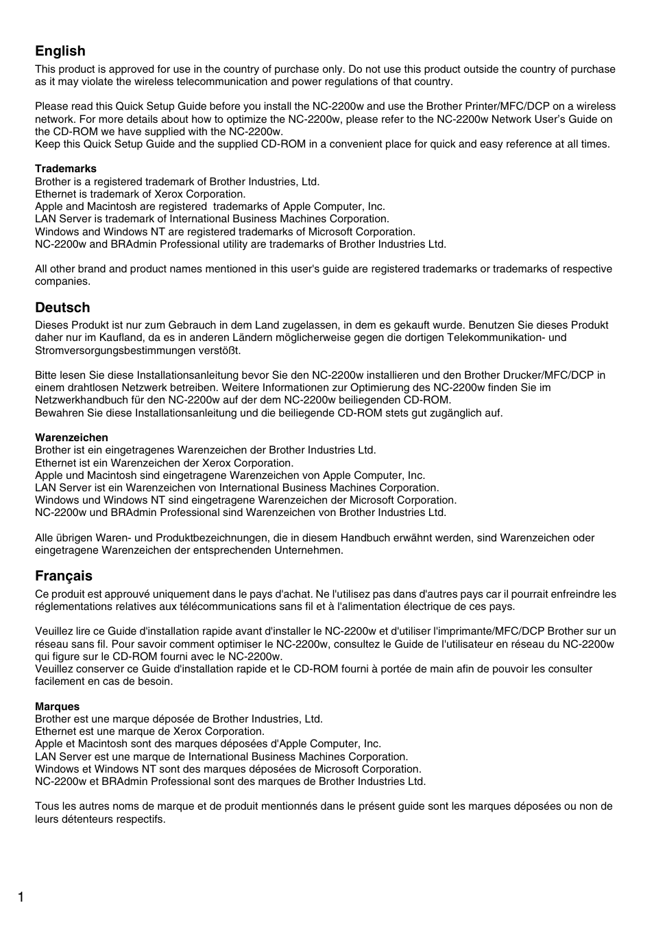 1english, Deutsch, Français | Brother NC-2200W User Manual | Page 2 / 159