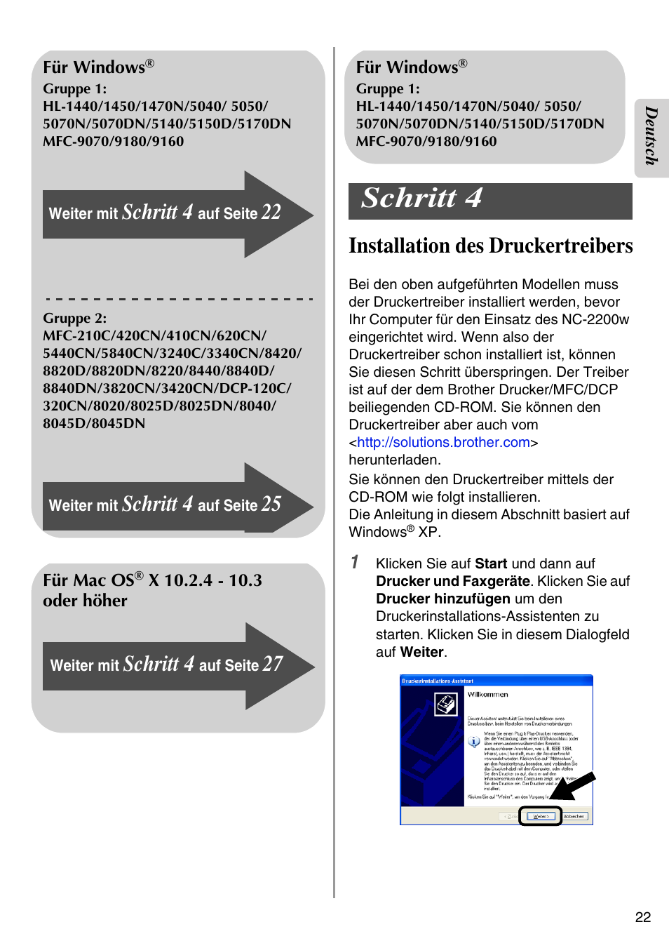 Installation des druckertreibers, Schritt 4 | Brother NC-2200W User Manual | Page 23 / 159