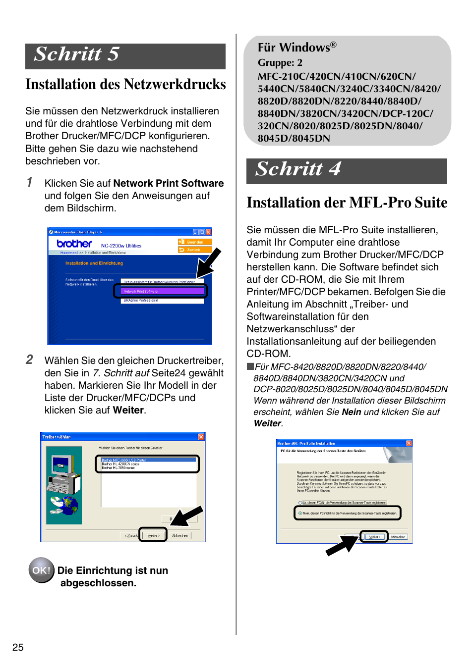 Auf seite, Schritt 5, Schritt 4 | Installation des netzwerkdrucks, Installation der mfl-pro suite, English | Brother NC-2200W User Manual | Page 26 / 159
