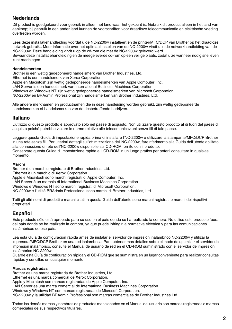 2nederlands, Italiano, Español | Brother NC-2200W User Manual | Page 3 / 159