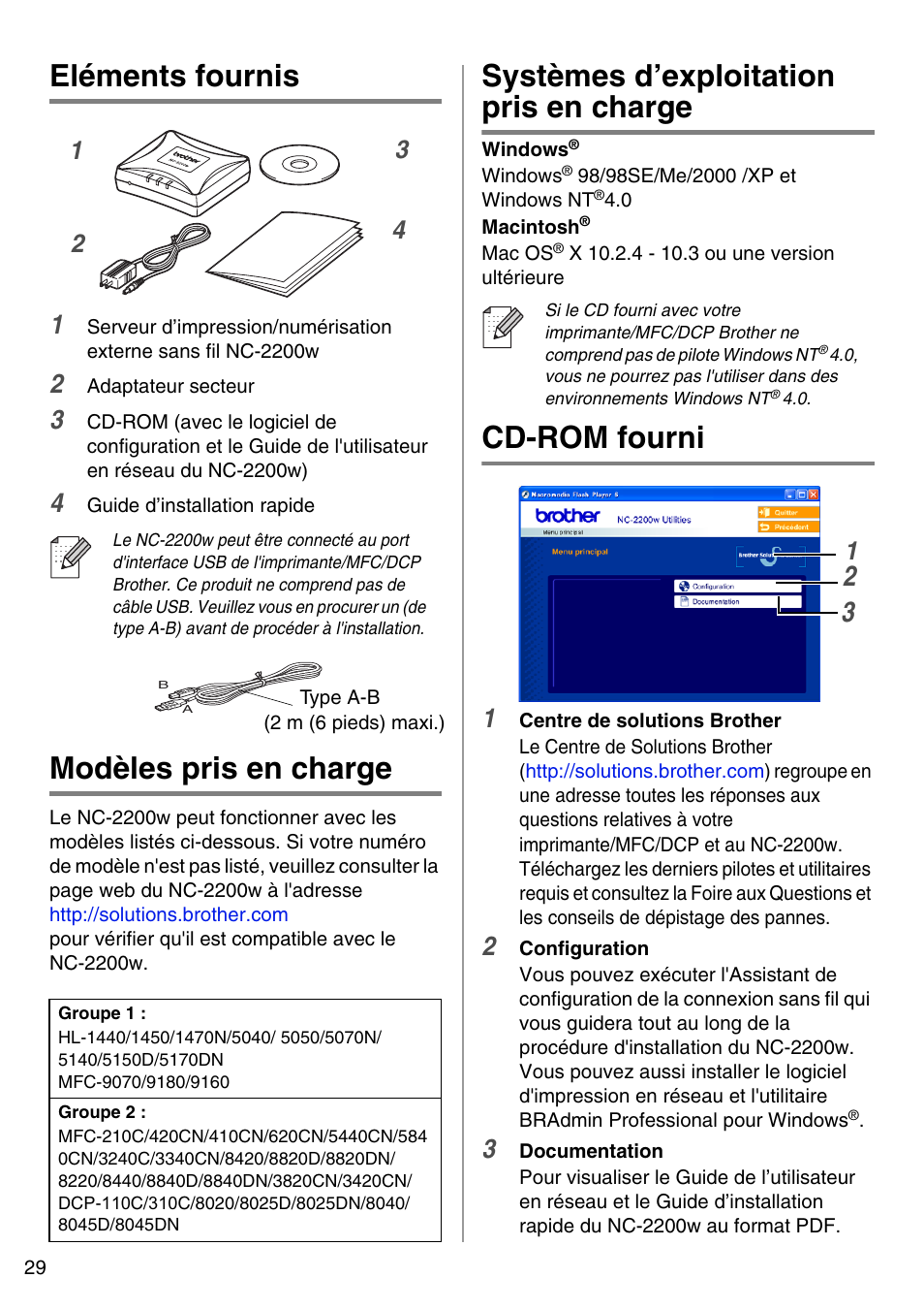 Français, Eléments fournis, Modèles pris en charge | Systèmes d’exploitation pris en charge, Cd-rom fourni, English | Brother NC-2200W User Manual | Page 30 / 159