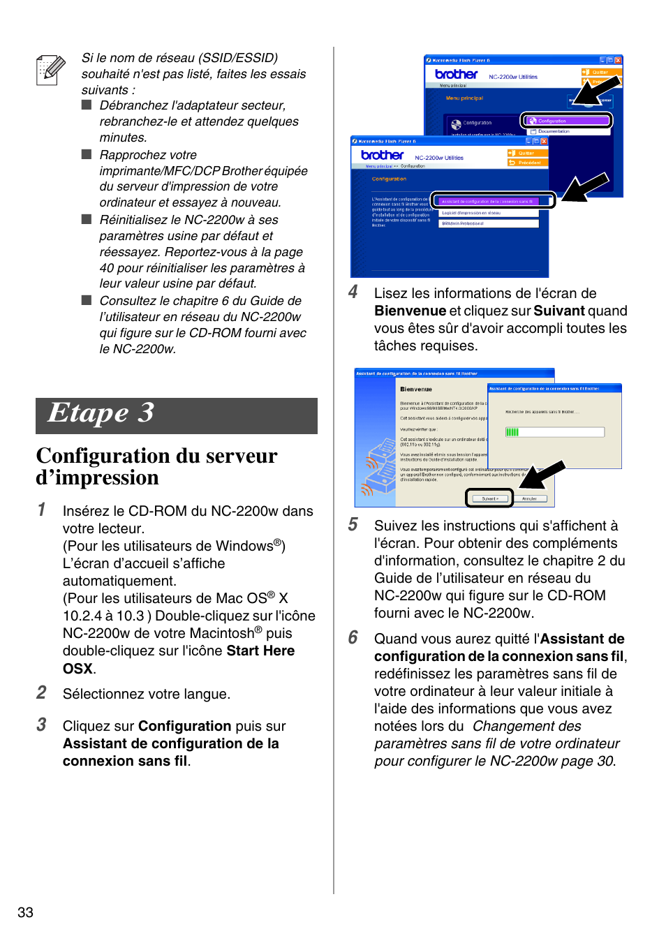 Etape 3, Configuration du serveur d’impression, English | Brother NC-2200W User Manual | Page 34 / 159