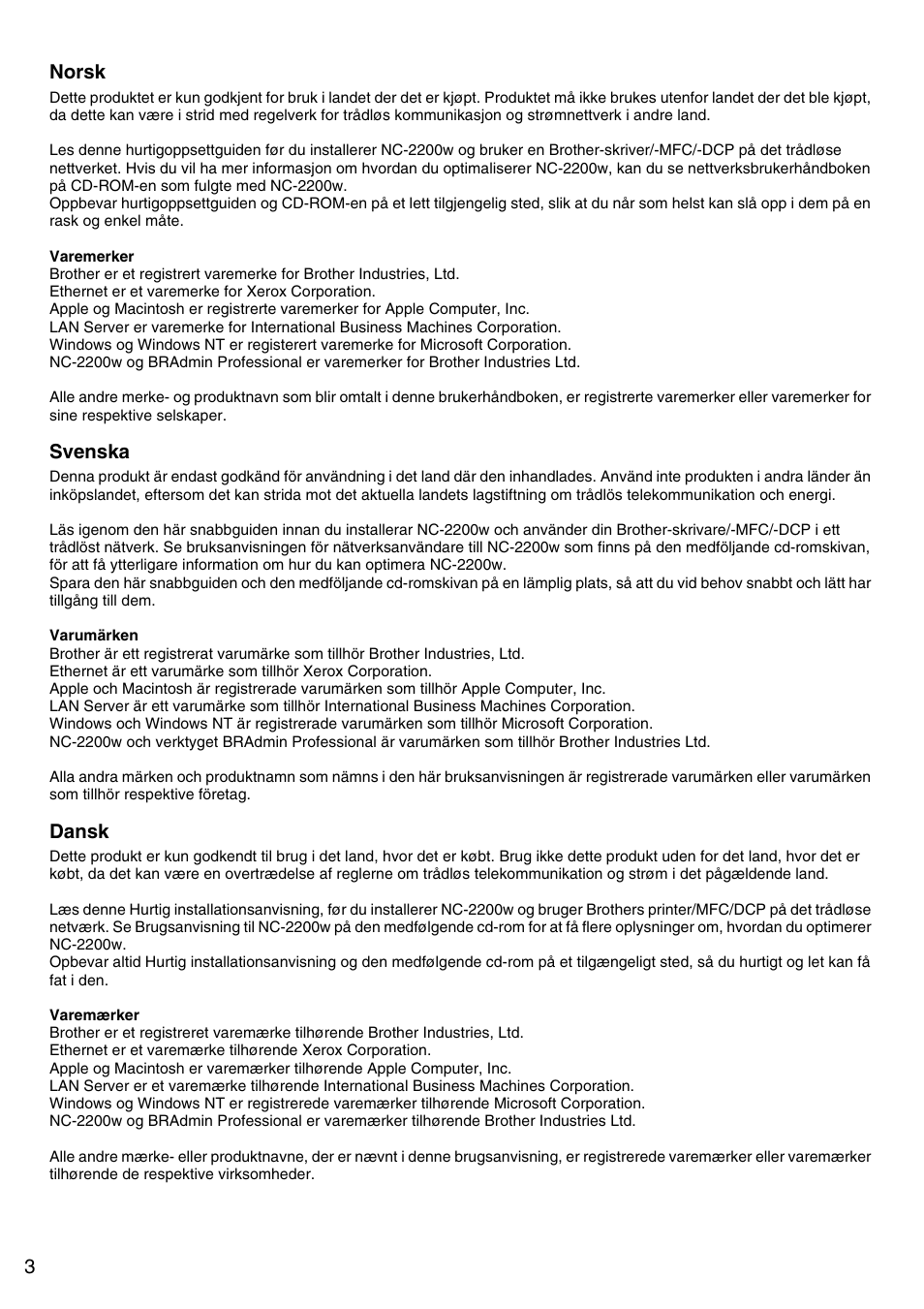 3norsk, Svenska, Dansk | Brother NC-2200W User Manual | Page 4 / 159