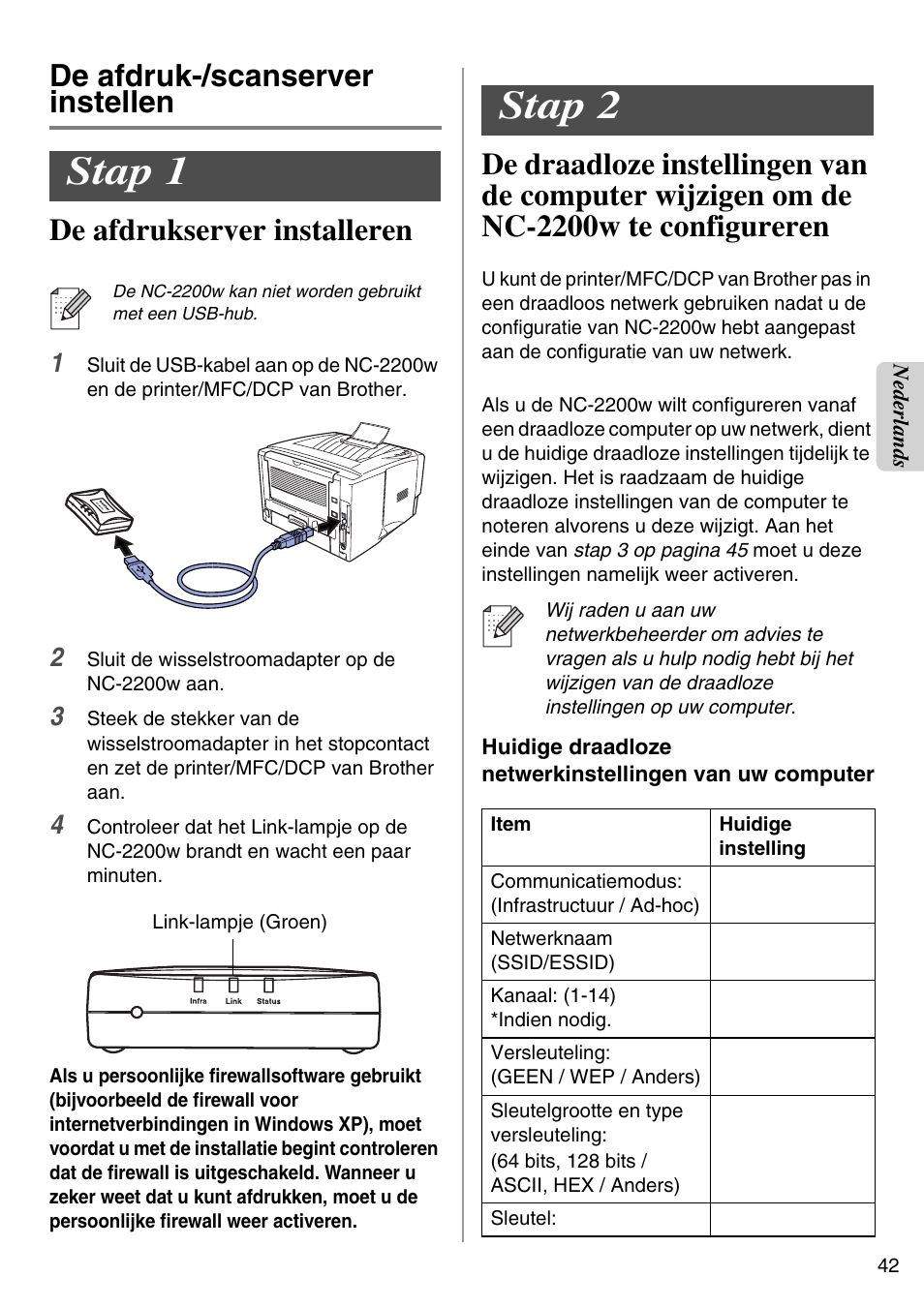 De afdruk-/scanserver instellen, Stap 1, Stap 2 | English | Brother NC-2200W User Manual | Page 43 / 159